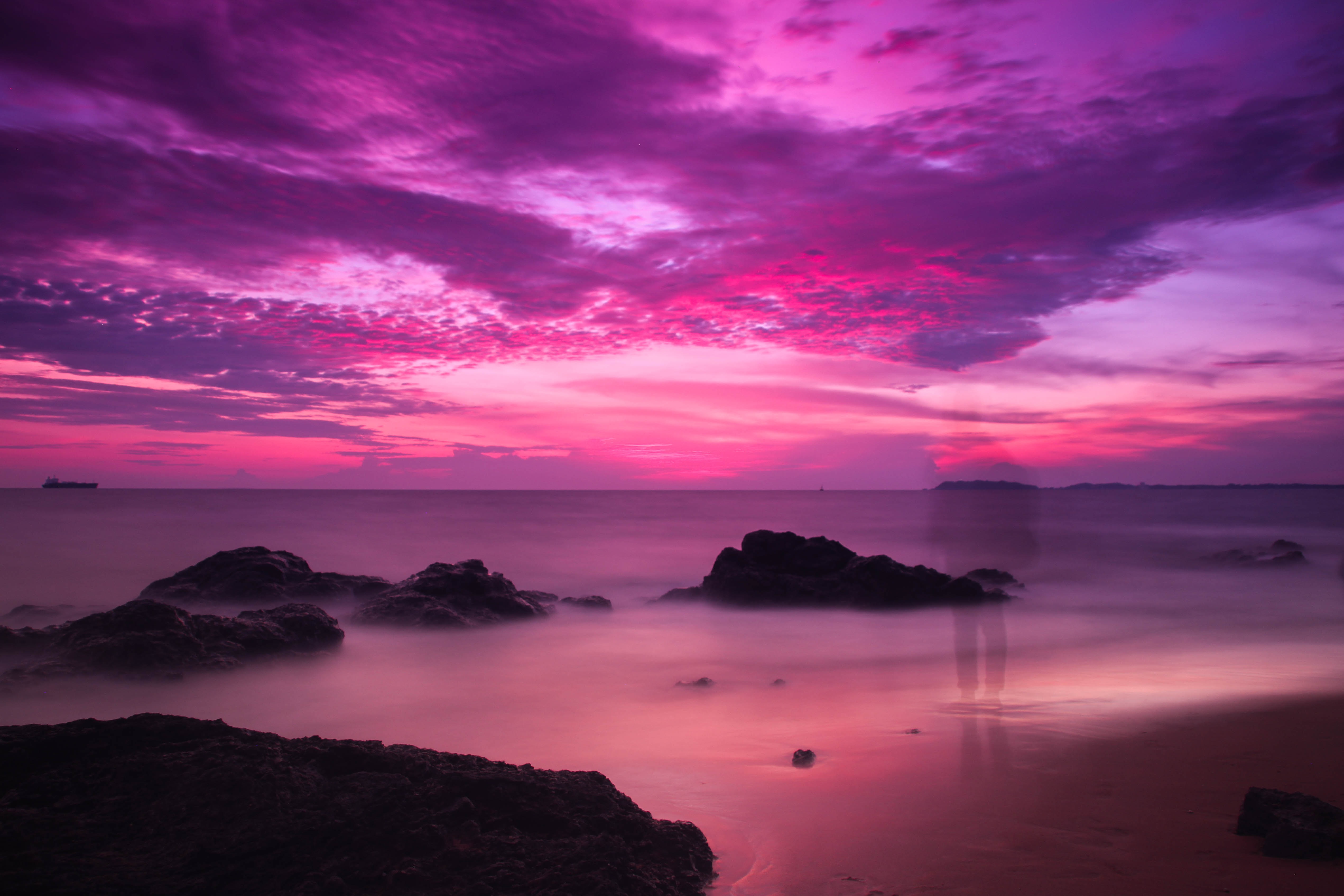 purple, nature, sea, twilight, violet, coast, silhouette, shadow, dusk QHD