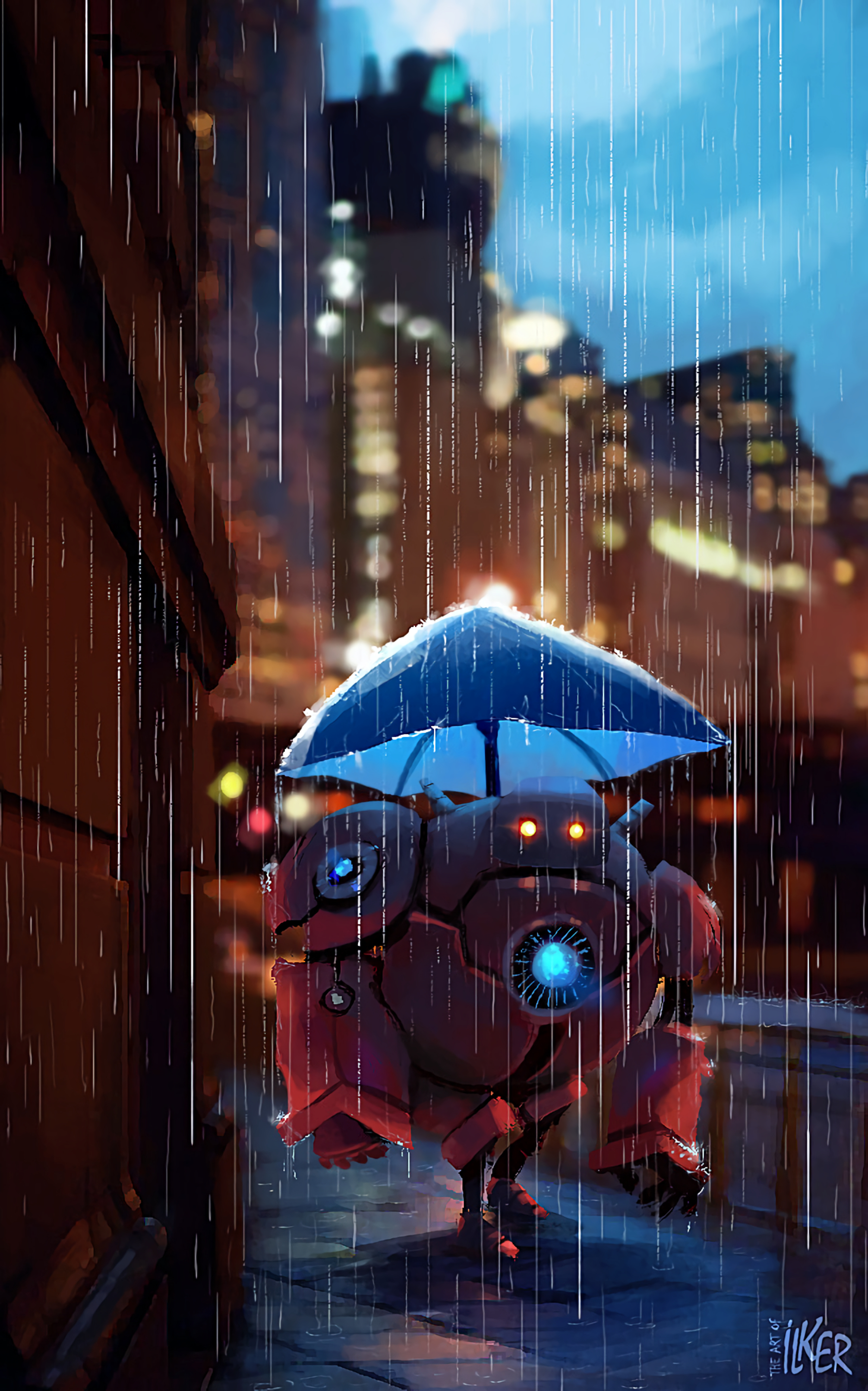 robot, rain, art, umbrella, street