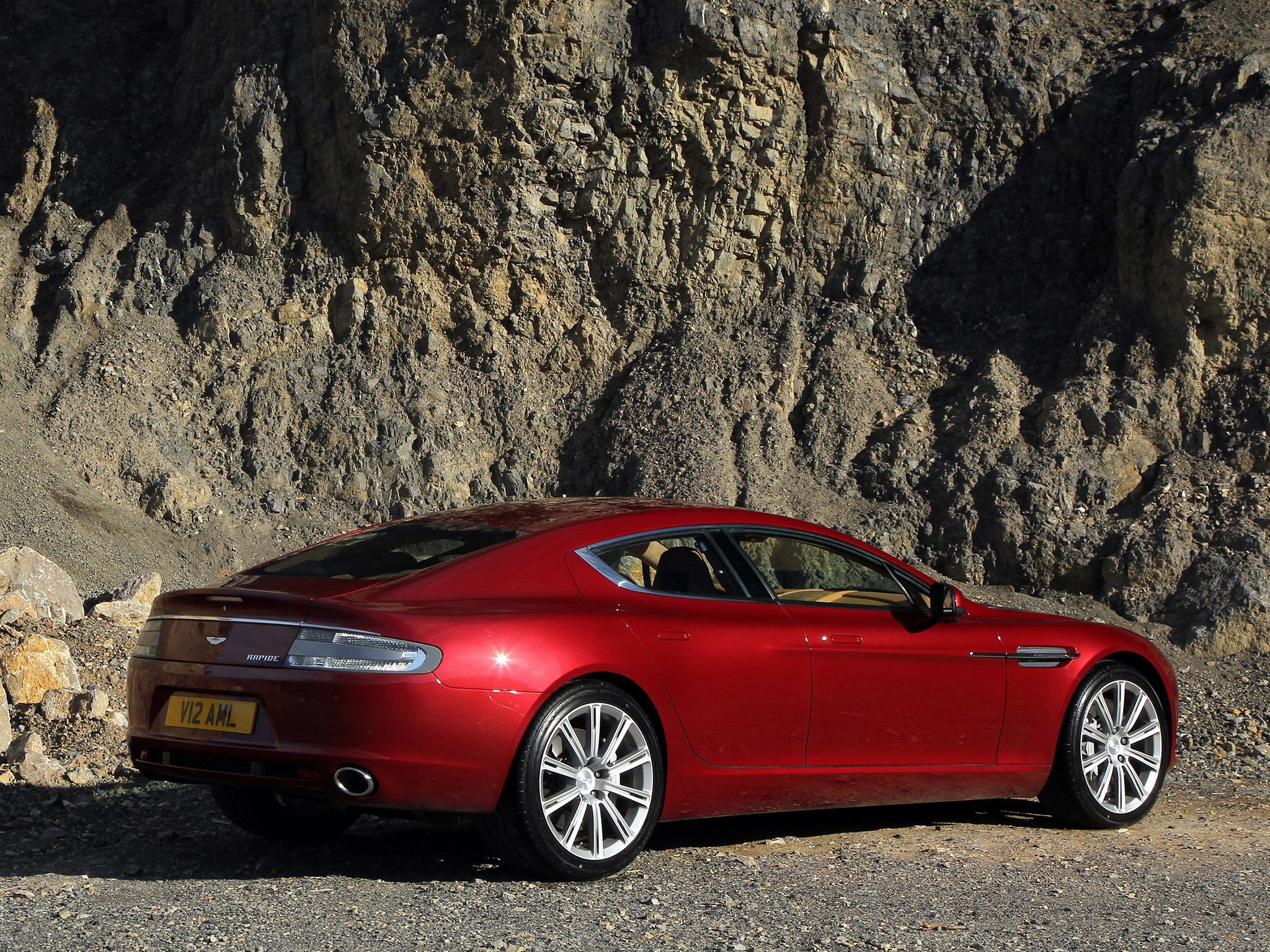 cars, aston martin, red, rock, side view, 2009, rapide