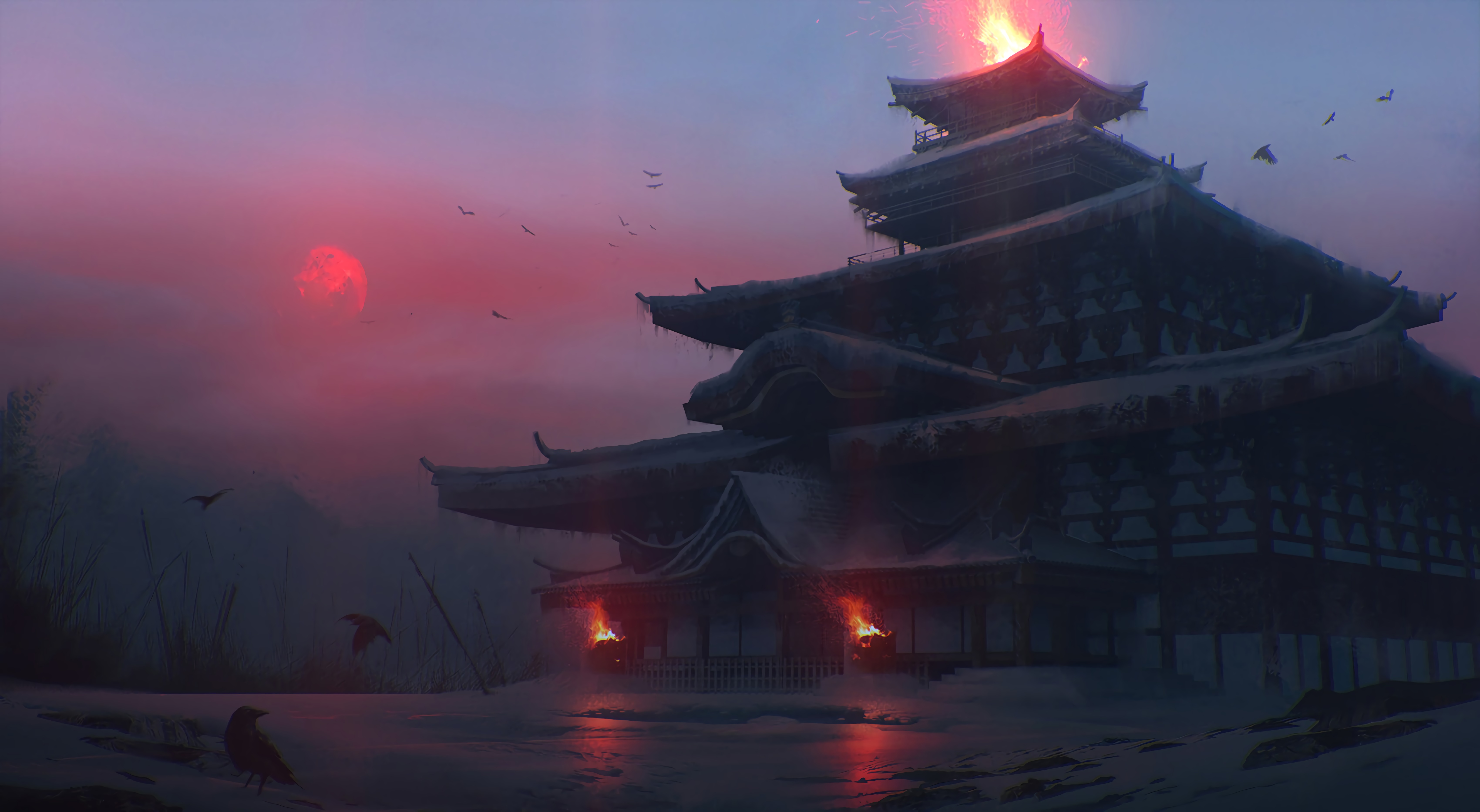 139341 download wallpaper fantasy, art, lock, pagoda, temple, japanese temple screensavers and pictures for free