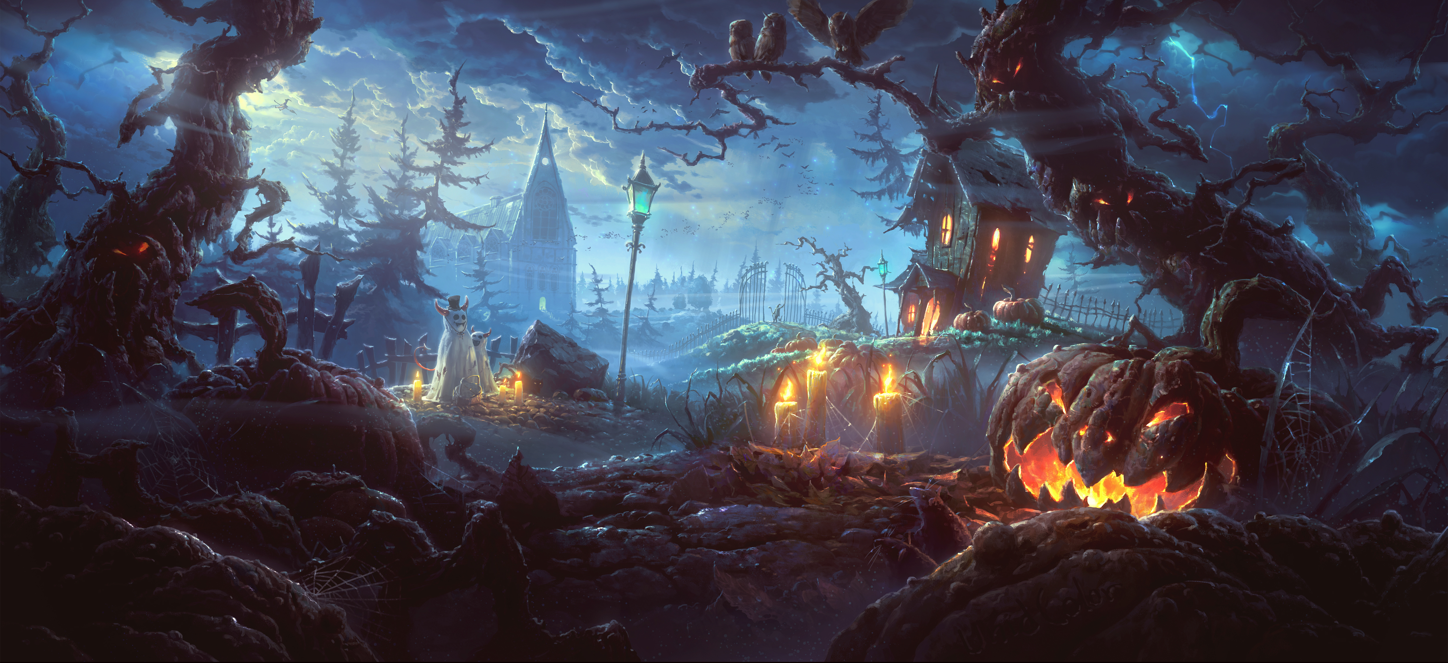 halloween, village, scary, night, holiday, jack o' lantern download HD wallpaper