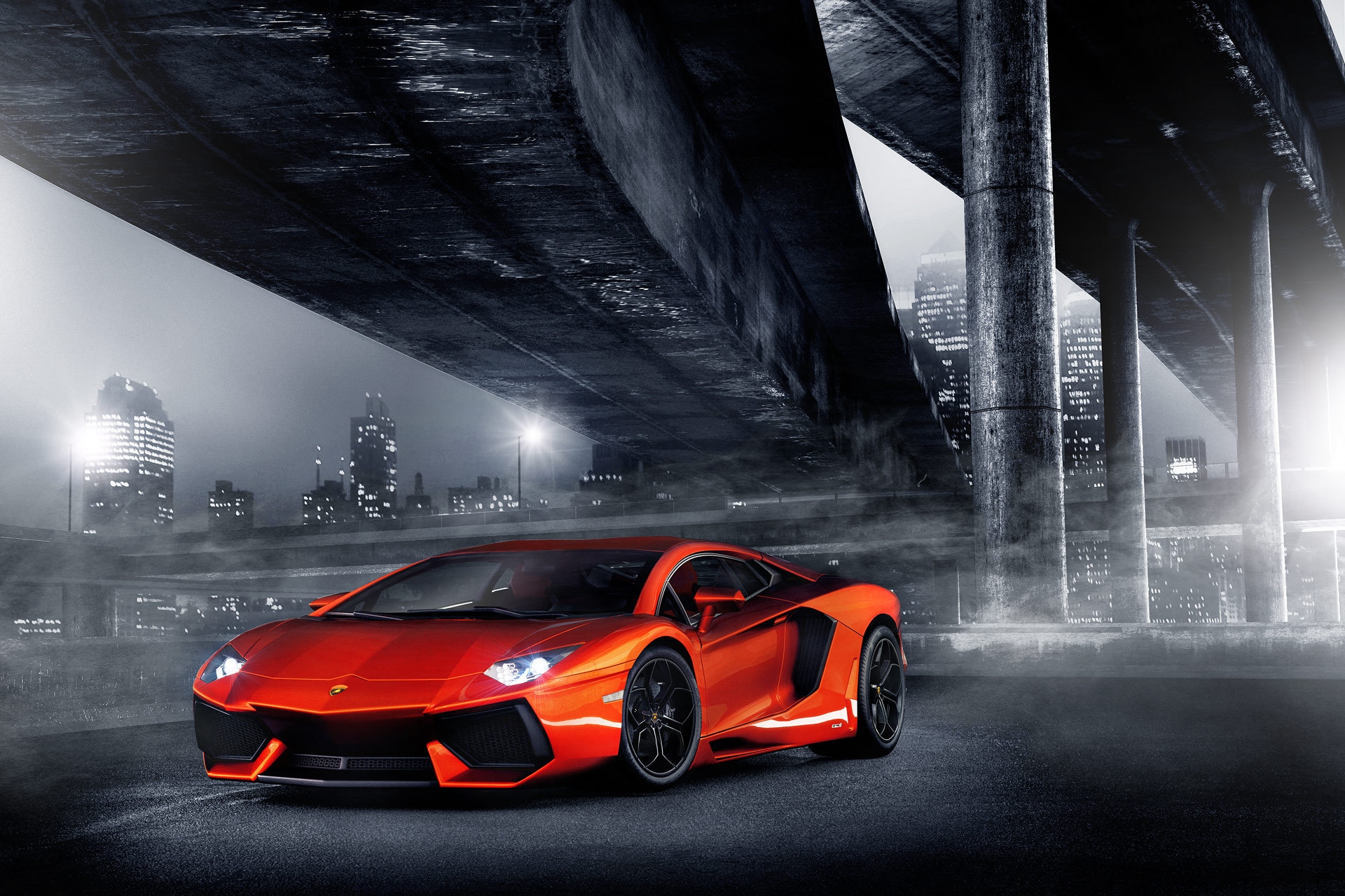 107625 Bildschirmschoner und Hintergrundbilder Lamborghini auf Ihrem Telefon. Laden Sie lamborghini, übernachtung, cars, orange, stadt, die lichter, lichter, brücke, scheinwerfer, säulen, aventador, spalte Bilder kostenlos herunter