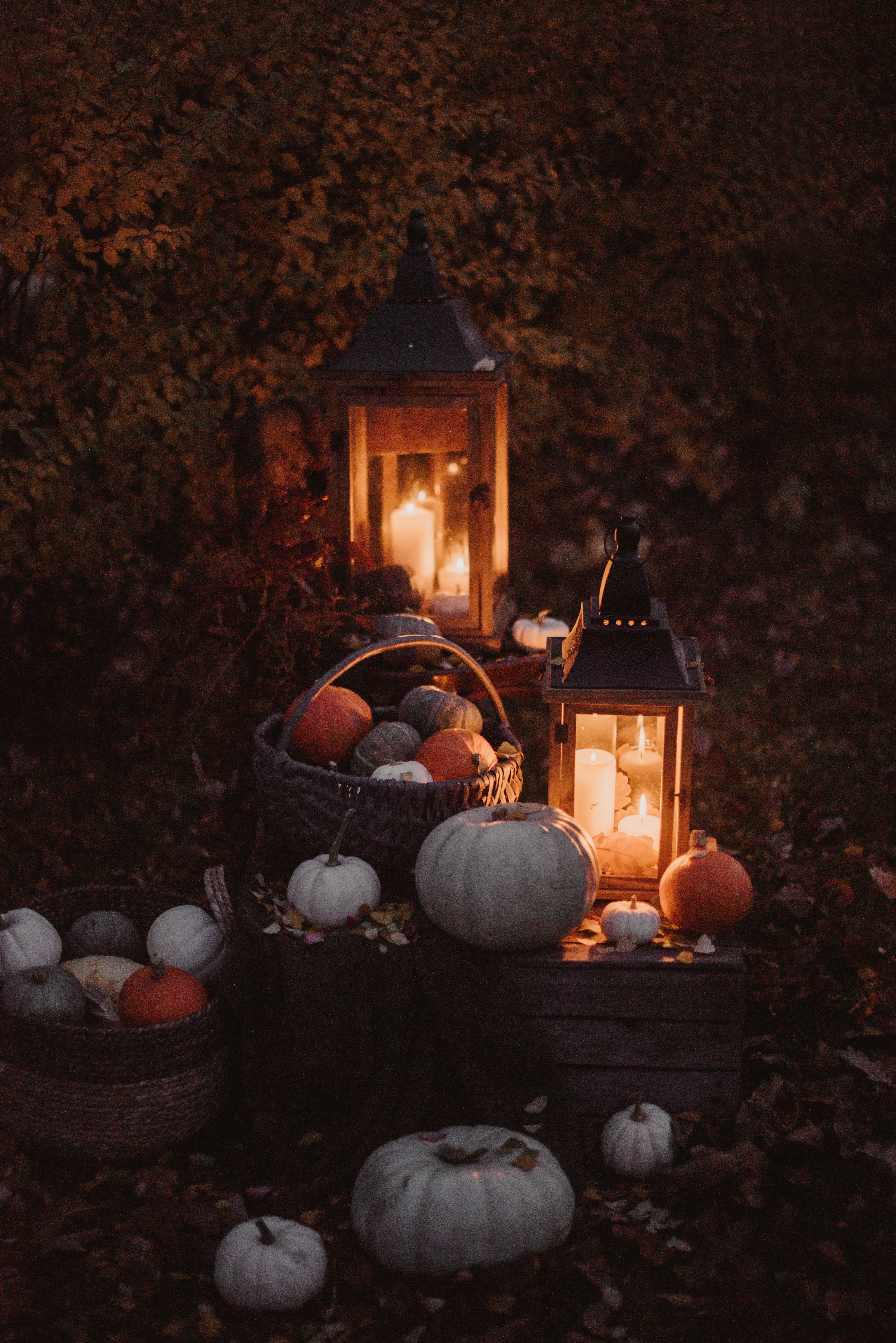 autumn, candles, pumpkin, miscellanea, lights, shine, light, miscellaneous, lanterns, basket HD wallpaper