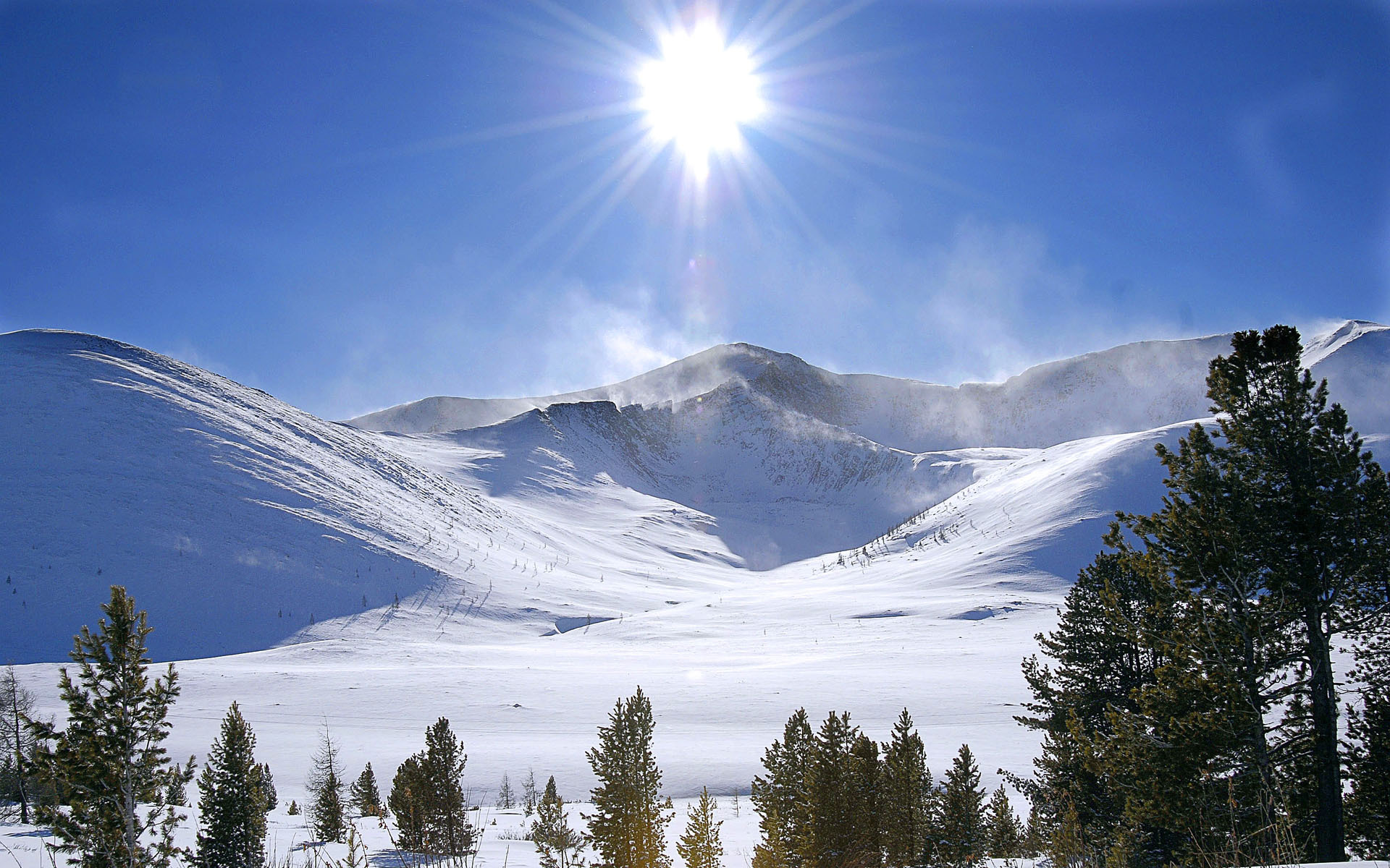 24655 Hintergrundbild herunterladen bäume, landschaft, mountains, schnee, blau - Bildschirmschoner und Bilder kostenlos