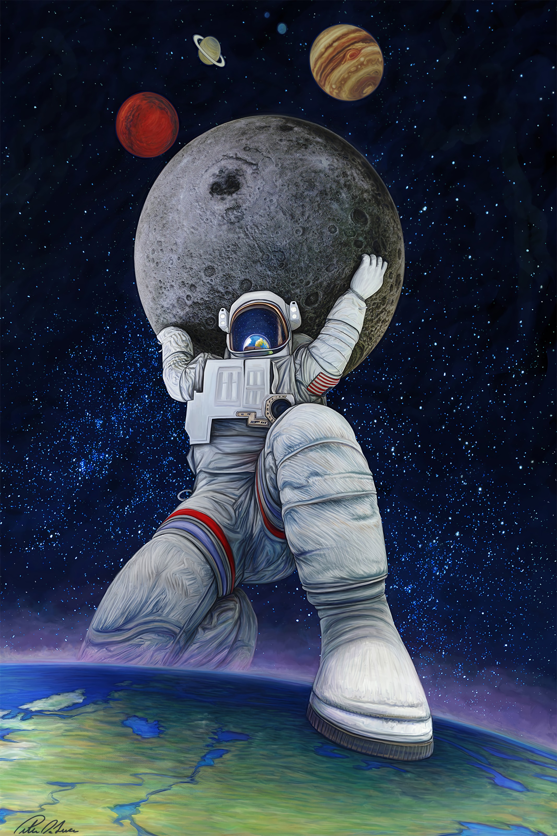 art, planets, giant, universe, astronaut Phone Background