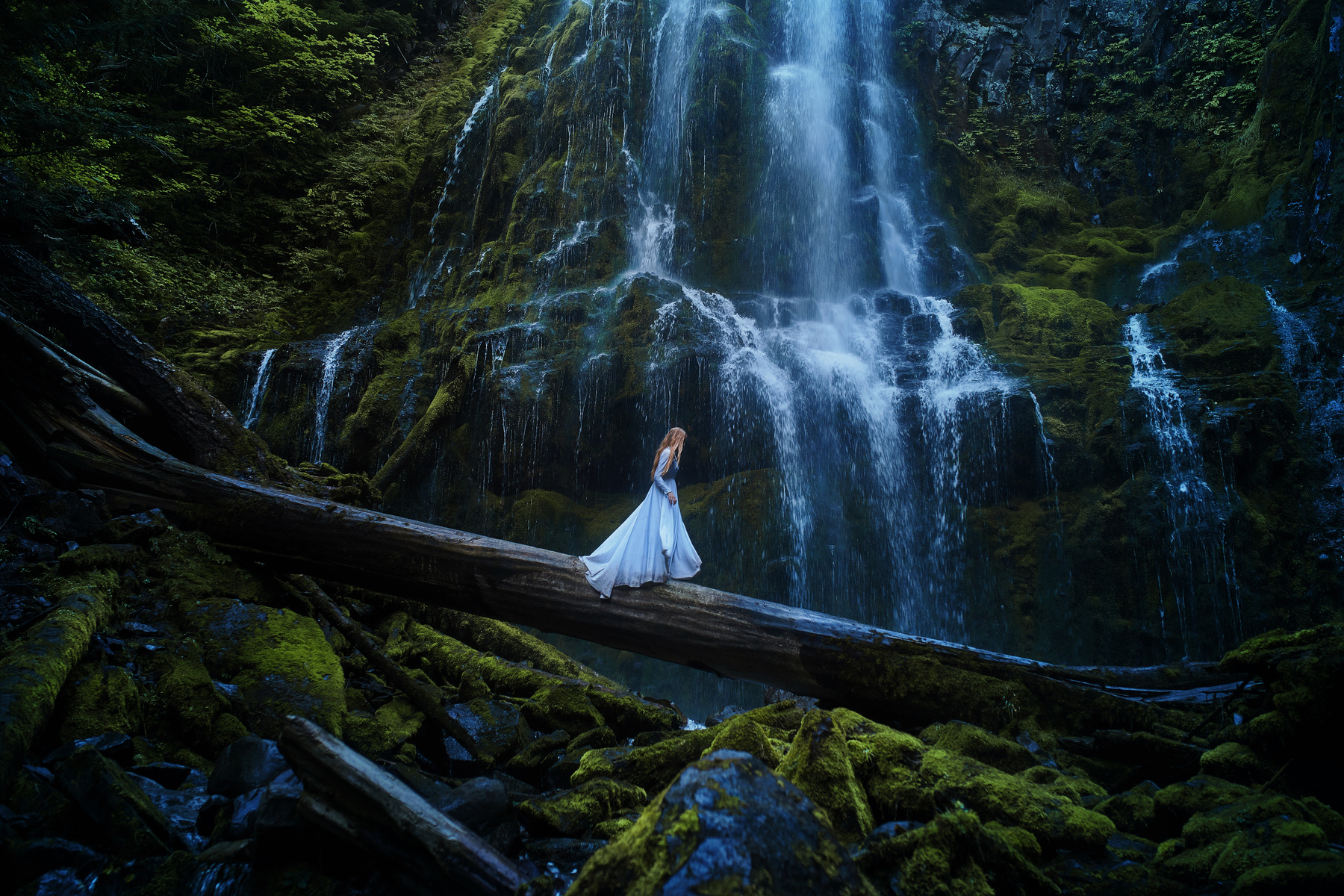 Free HD women, mood, alice in wonderland, blue dress, forest, log, waterfall