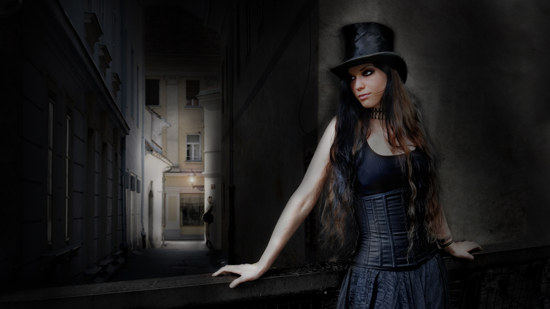 women, artistic, alley, gothic, street, top hat mobile wallpaper