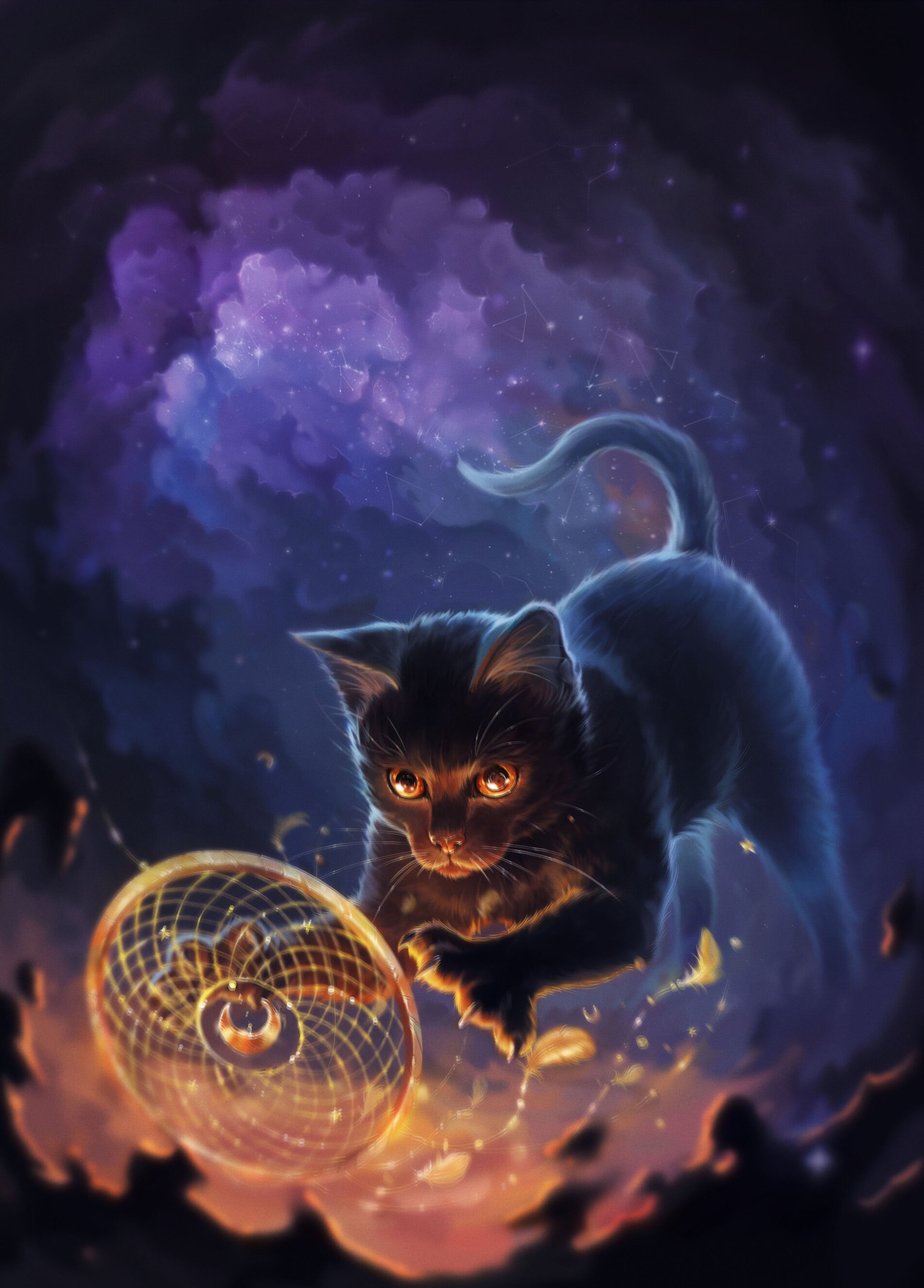 75327 download wallpaper dreamcatcher, art, feather, cat, dream catcher, mascot, talisman screensavers and pictures for free