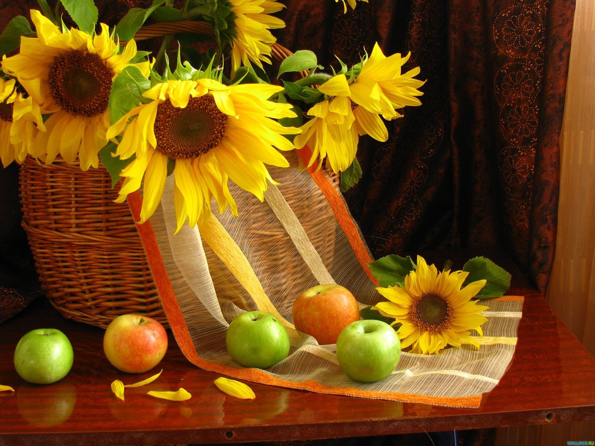 flowers, still life, sunflowers, leaves, apples, table, basket, curtains
