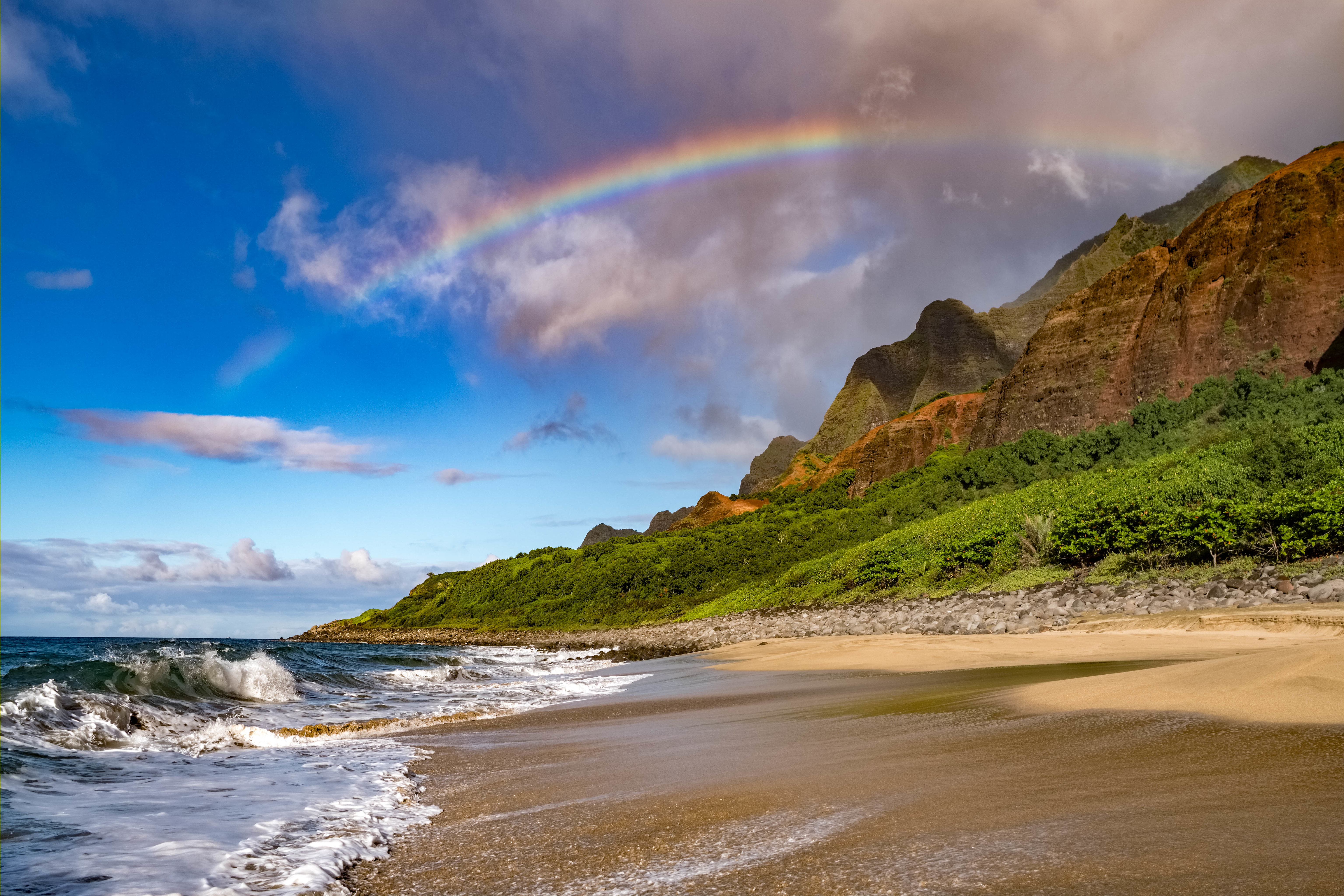 rainbow, nature, waves, beach, coast, slope iphone wallpaper