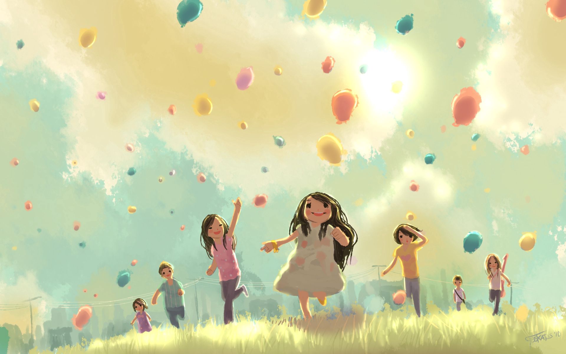141994 download wallpaper grass, art, children, balloons, holiday, bounce, jump, run, running screensavers and pictures for free