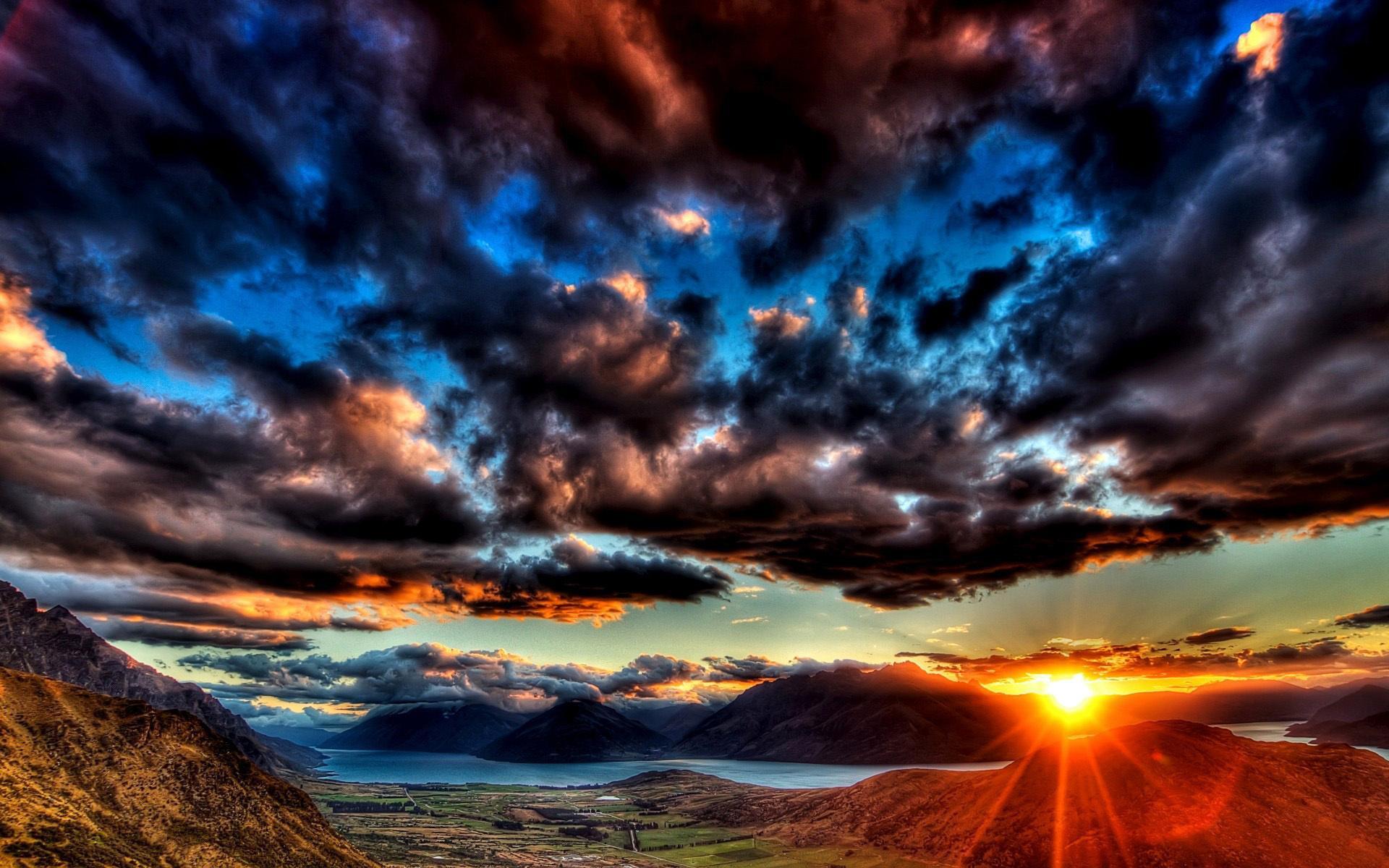 landscape, sunset, sky, mountains, clouds