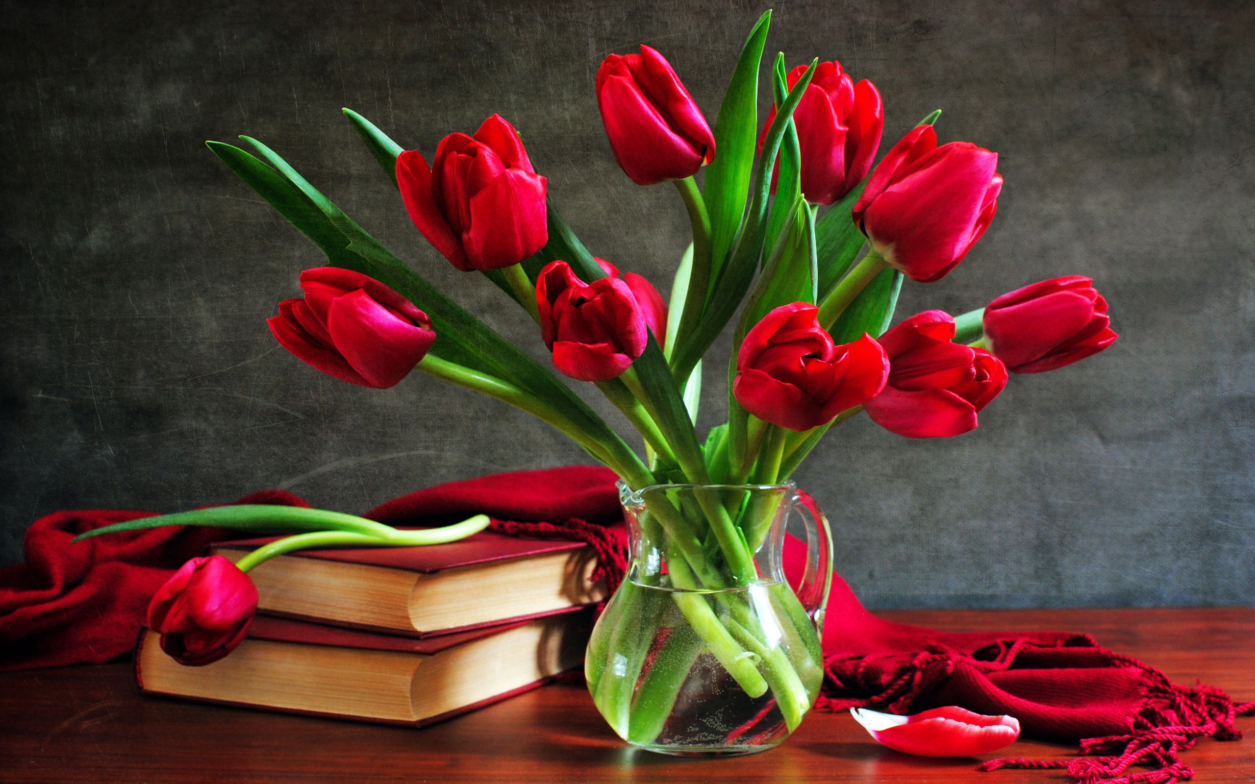books, flowers, tulips, table, vase, petal, cape