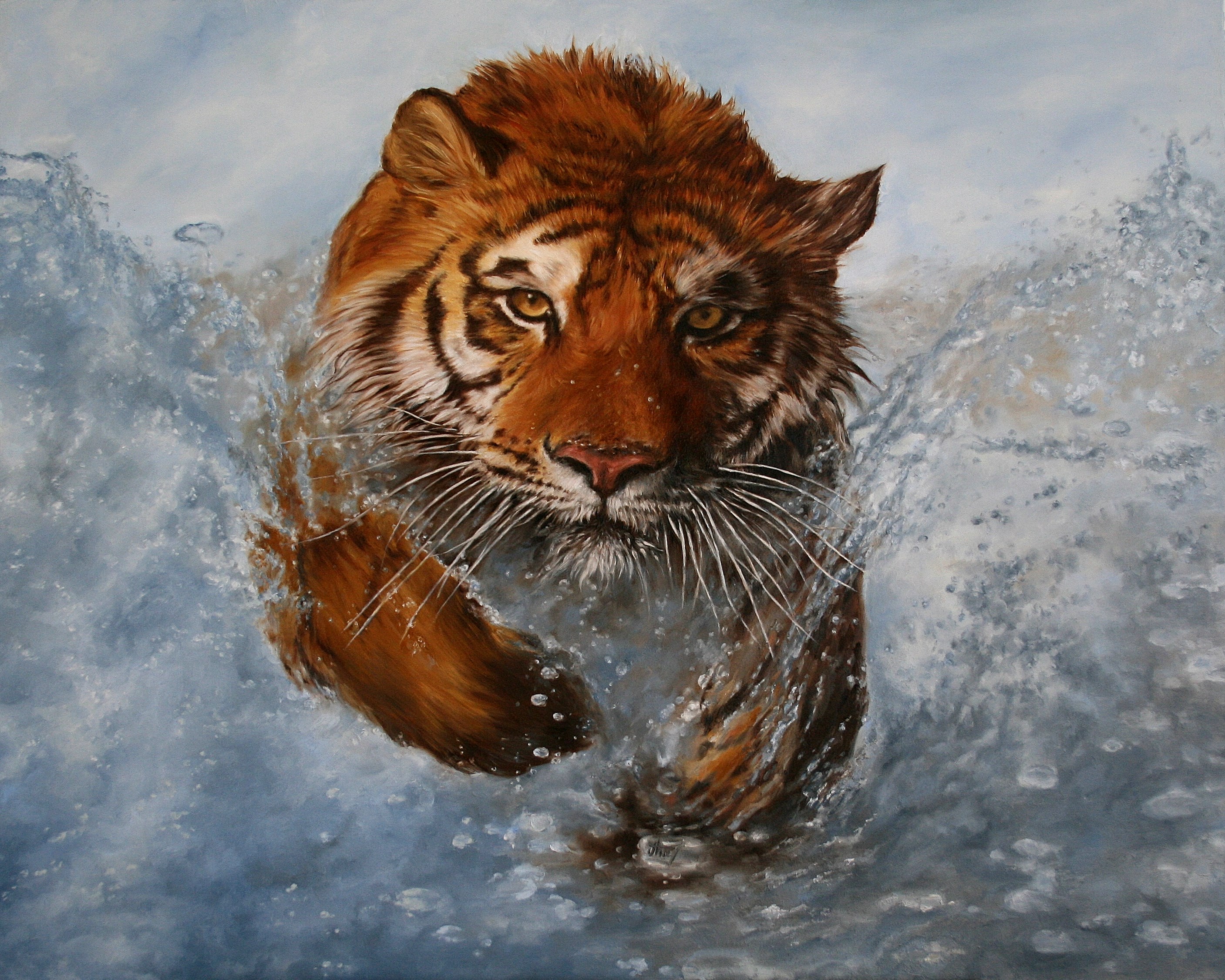 water, artistic, painting, tiger HD Phone wallpaper