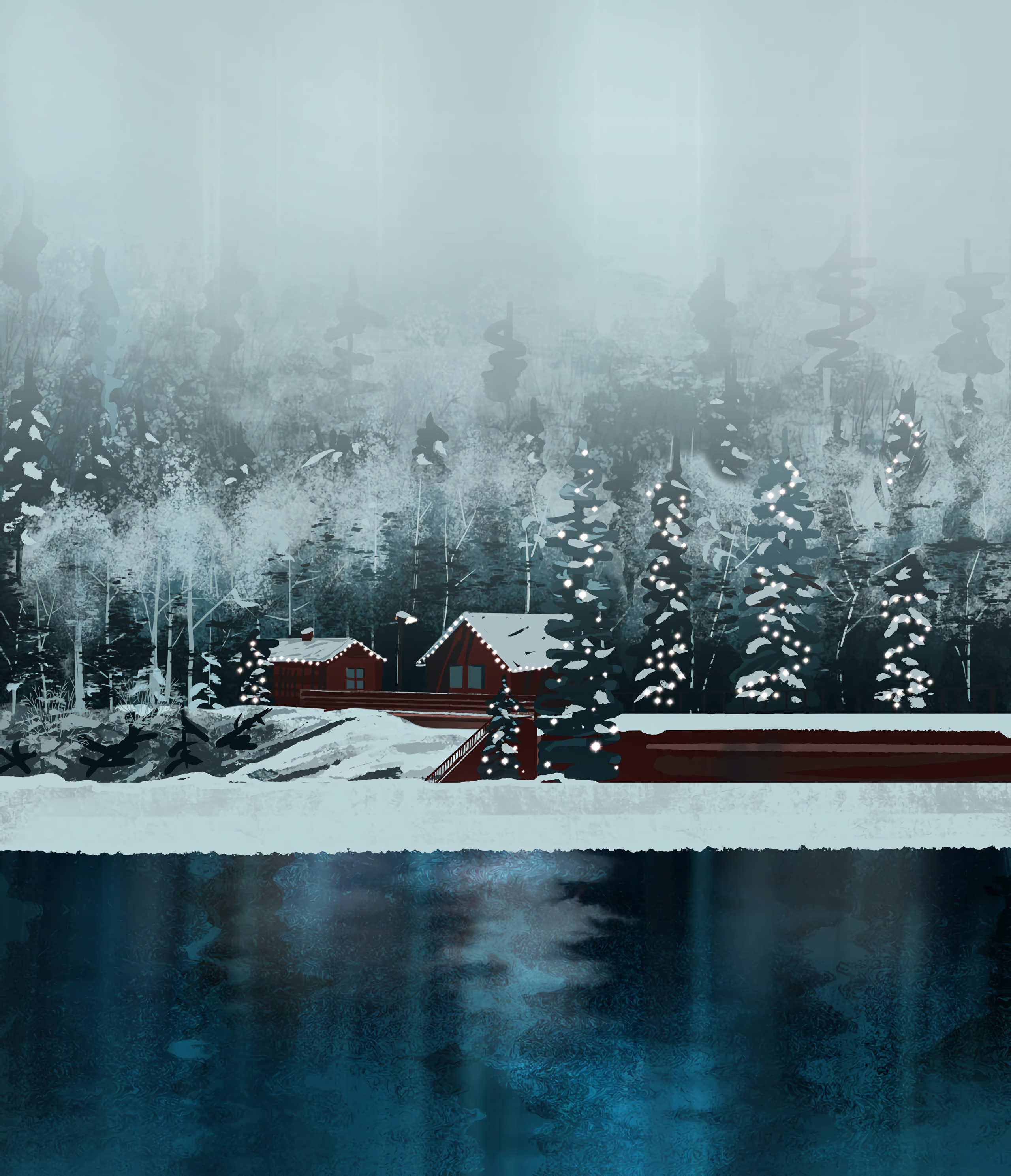 forest, snow, lake, art HD Mobile