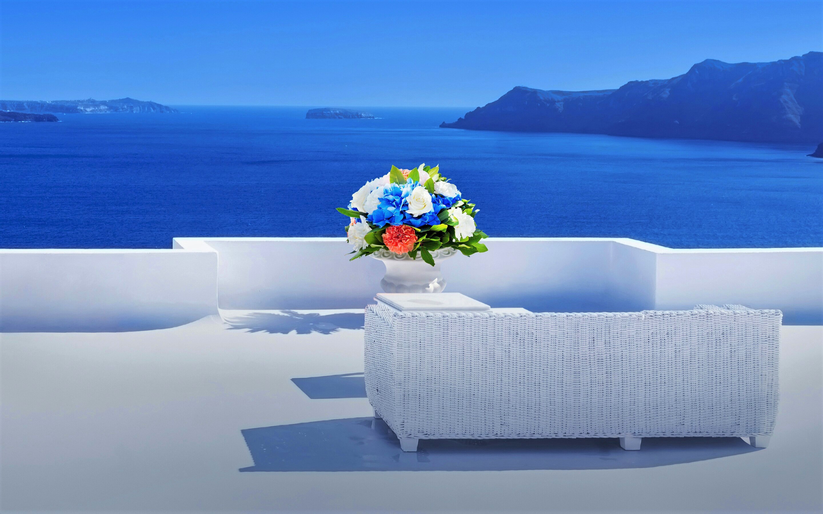 sea, man made, santorini, balcony, couch, flower, greece, horizon, lounge, ocean, towns cellphone