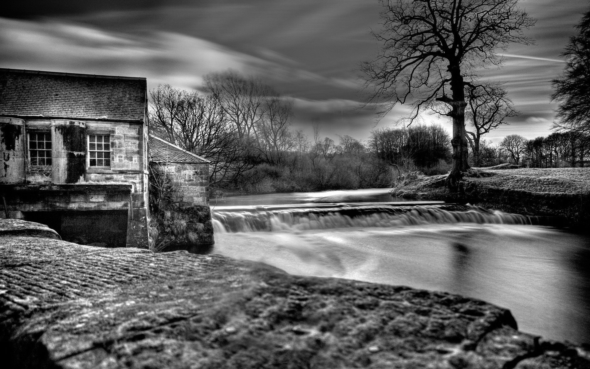 black and white, nature, water, rivers, house, dam
