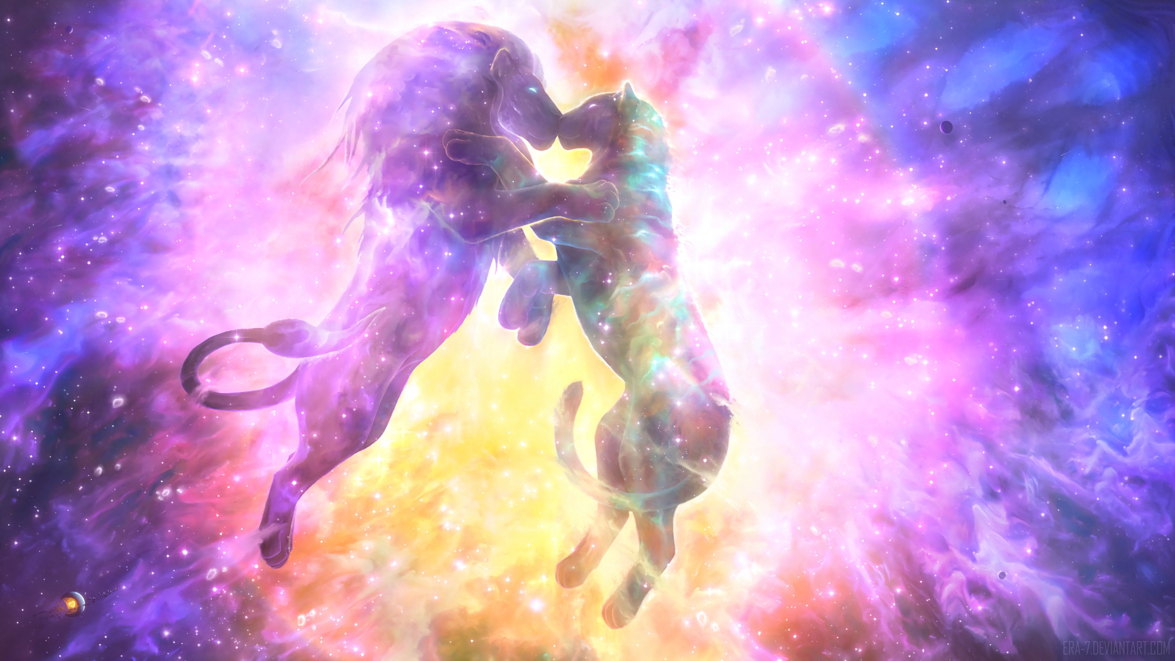 79360 download wallpaper art, universe, silhouettes, starry sky, lion, lioness, kiss screensavers and pictures for free