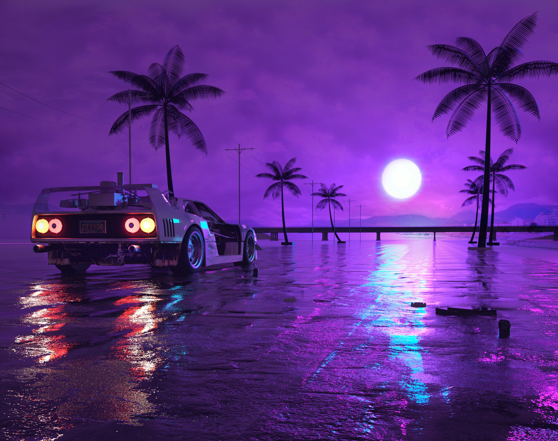 HD desktop wallpaper: Night, Moon, Car, Purple, Artistic, Retro ...