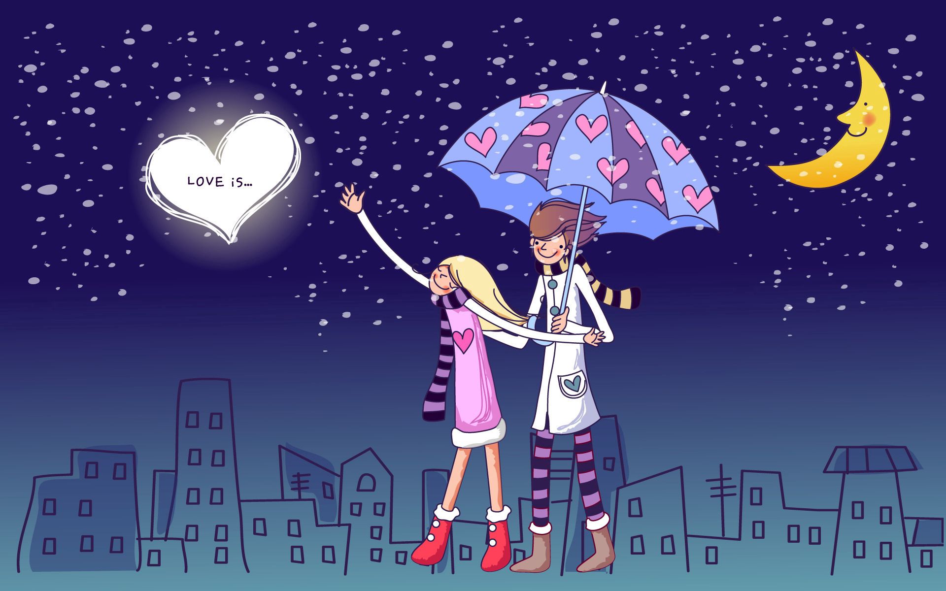 pair, love, city, vector, couple, evening, stroll, umbrella, relations QHD