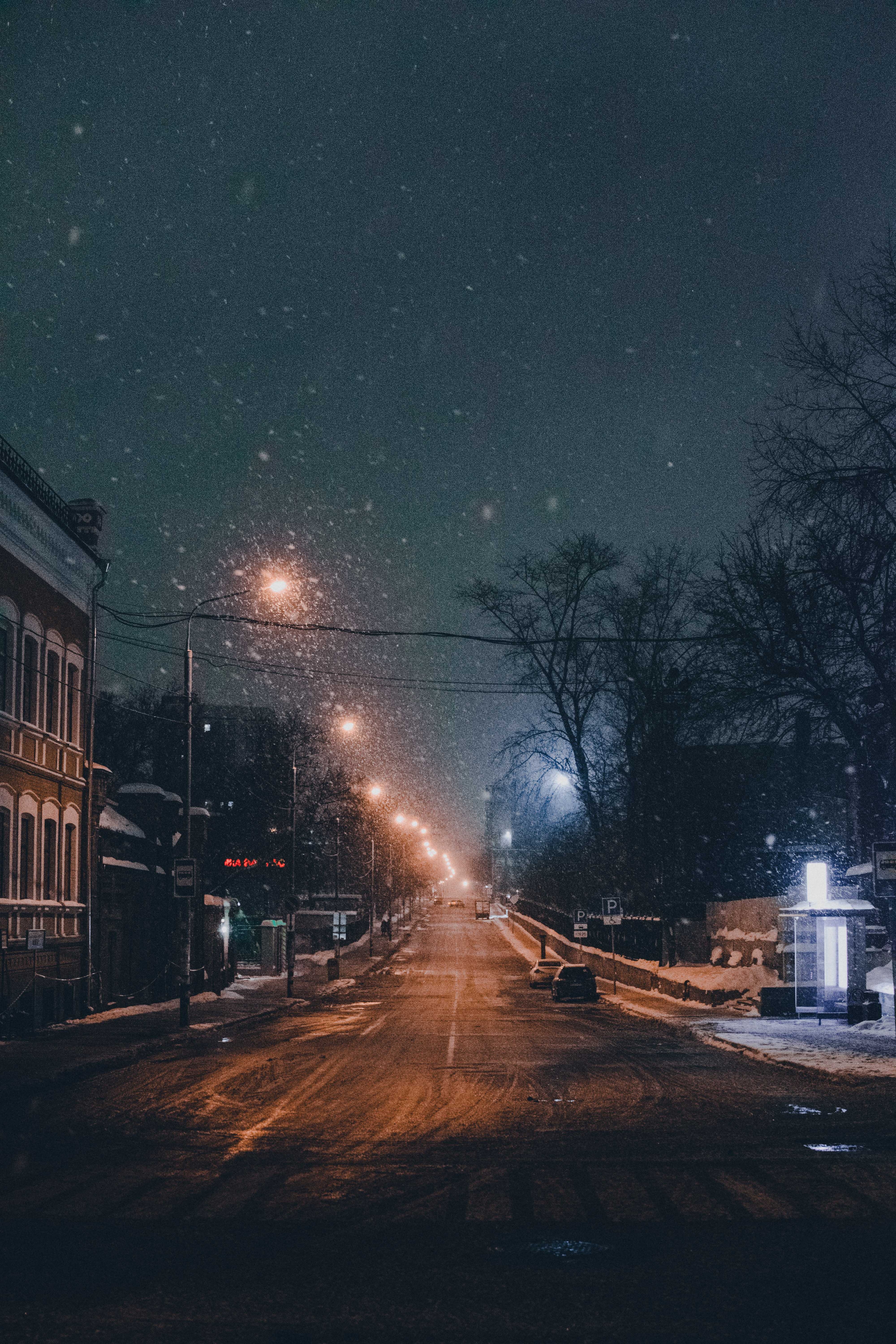 snowfall, cities, winter, twilight, road, night city, dusk HD wallpaper