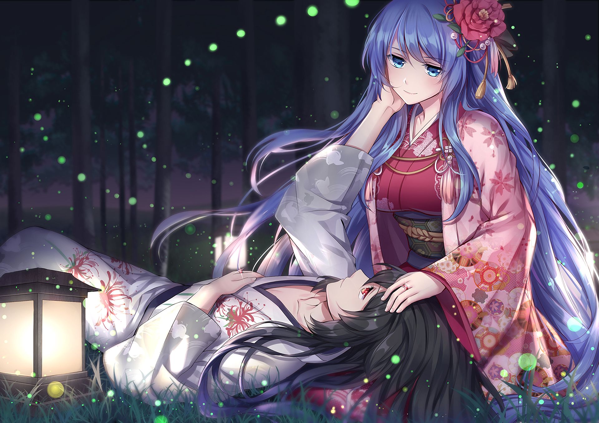 Аниме девушка в кимоно с синими волосами