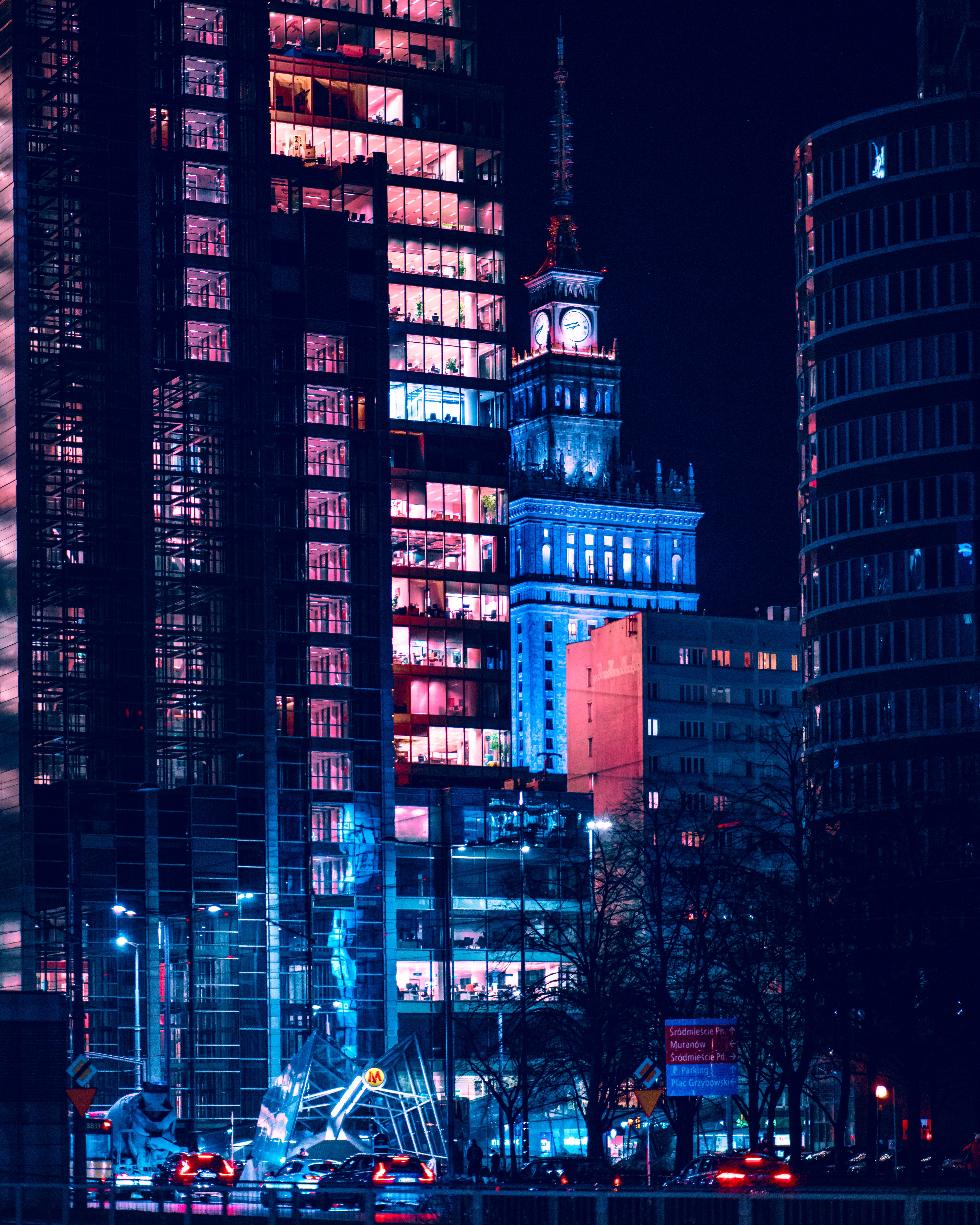 neon, building, dark, night city, chapel HD wallpaper