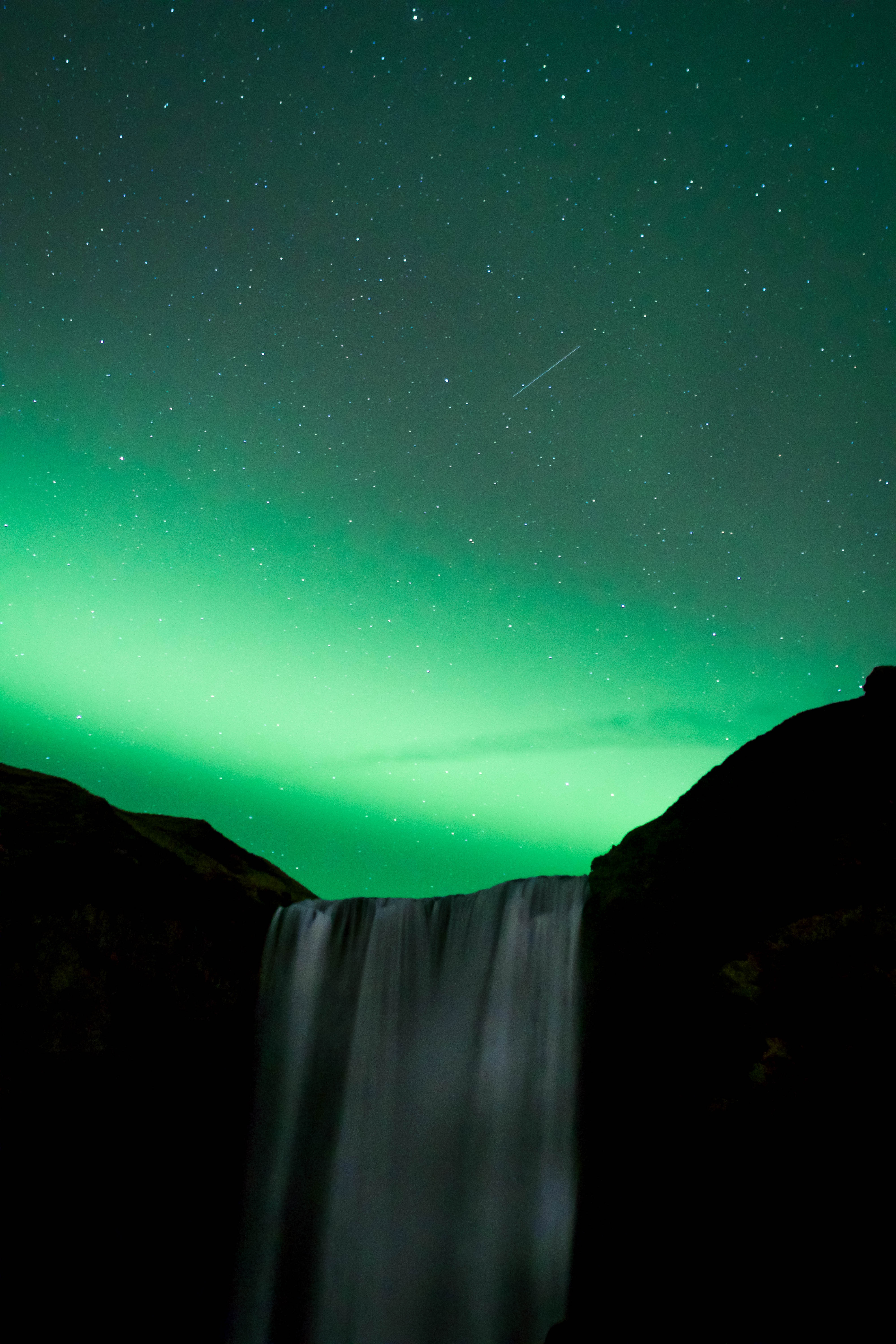 northern lights, green, nature, sky, stars, night, waterfall, aurora borealis