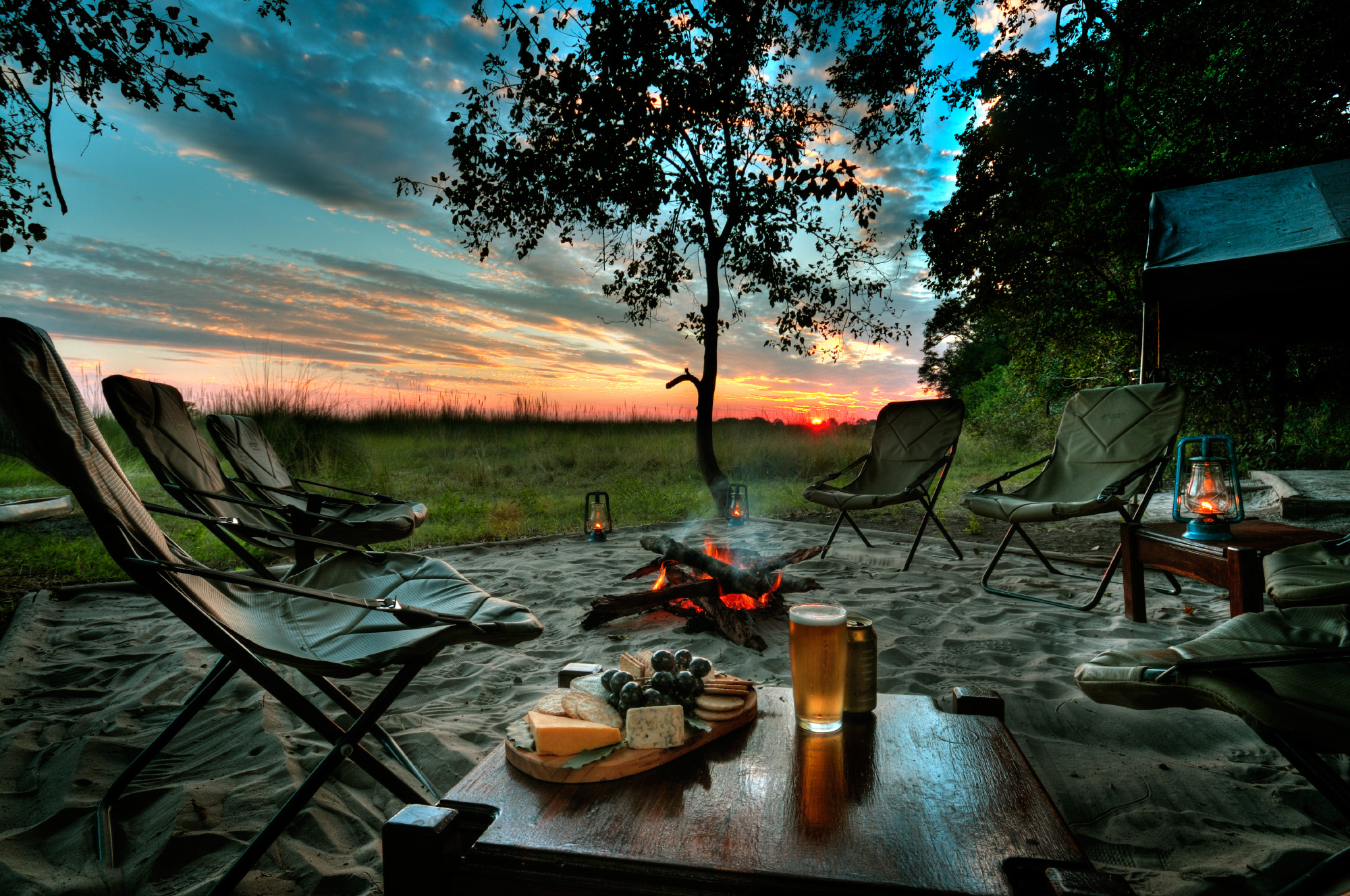 camping, beer, photography, bonfire, chair, food, lantern, sunset, tree