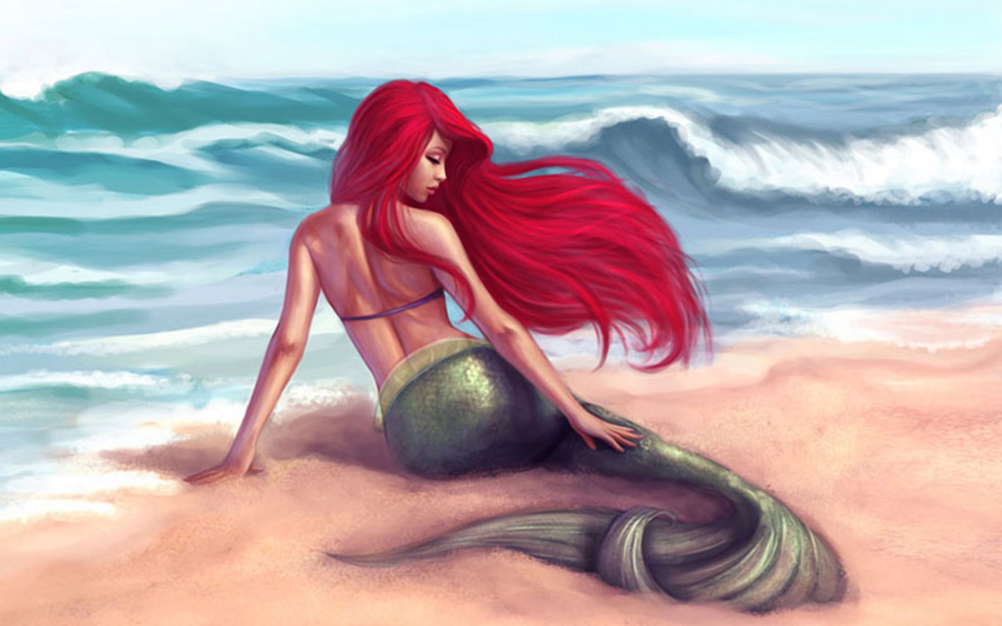 ariel (the little mermaid), mermaid, movie, the little mermaid (1989), beach, long hair, ocean, red hair, shore, tail, the little mermaid HD wallpaper