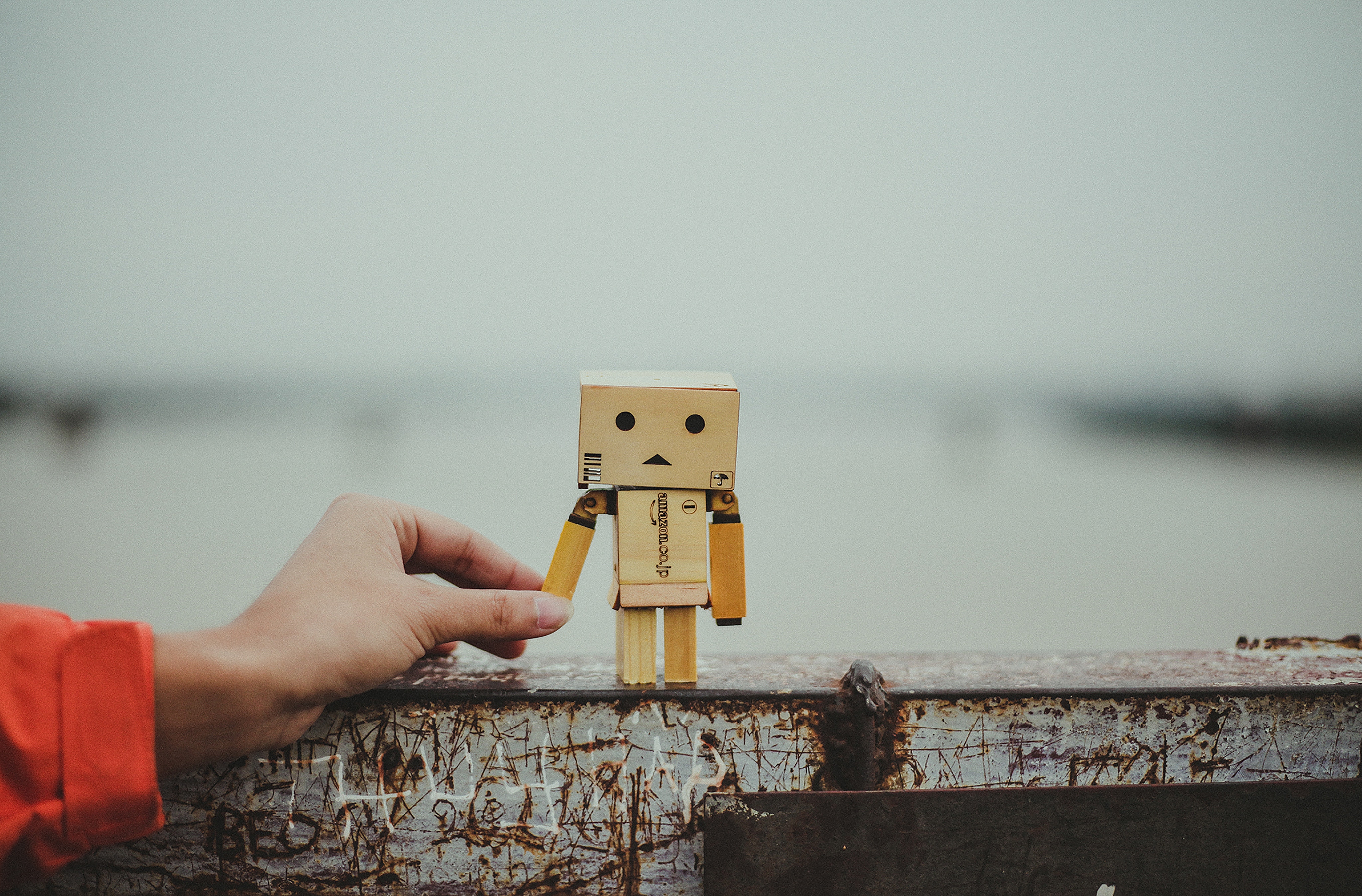 57243 download wallpaper friendship, hand, miscellanea, miscellaneous, danbo, cardboard robot screensavers and pictures for free