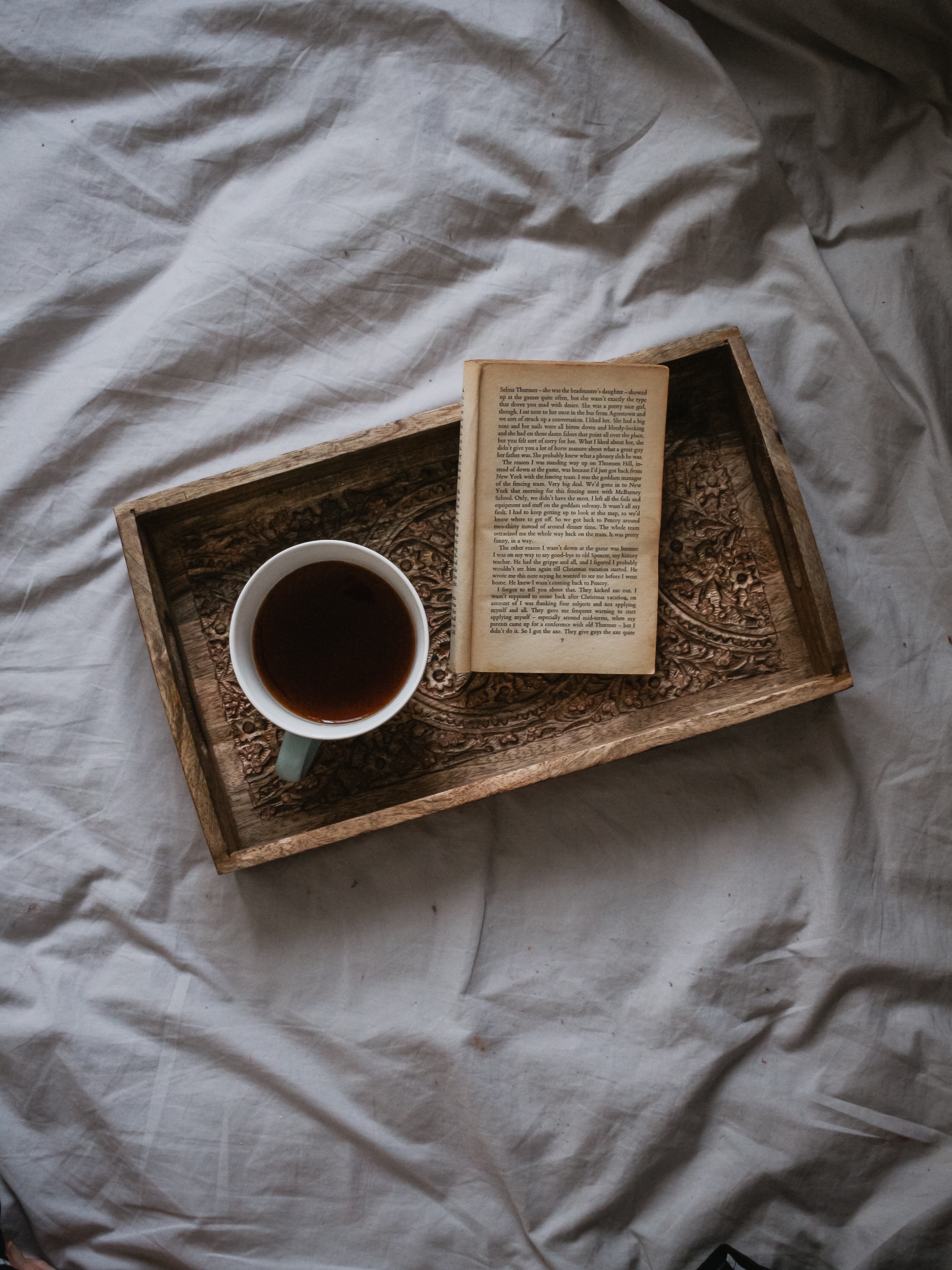 tray, tea, cup, miscellanea, miscellaneous, book, coziness, comfort images