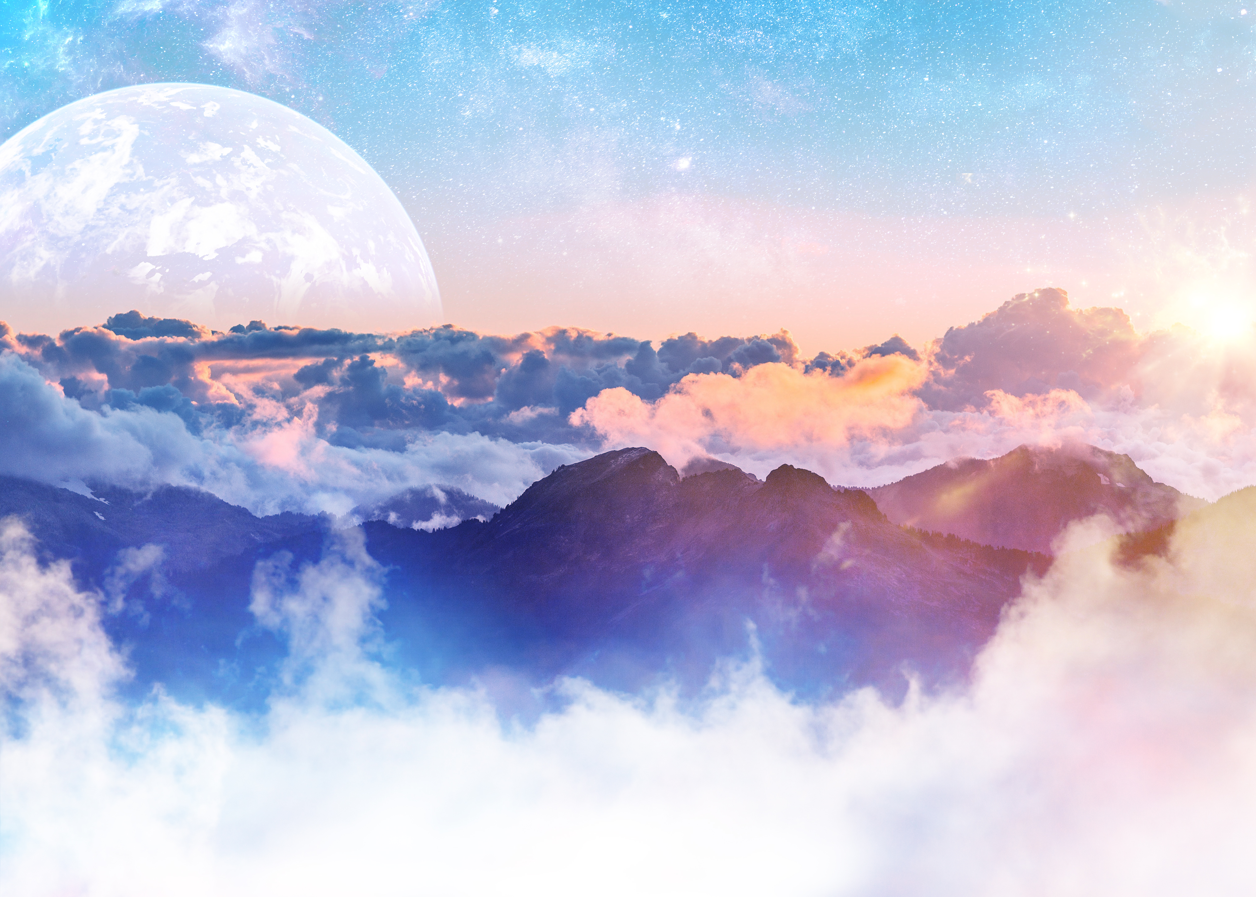 133822 download wallpaper landscape, nature, mountains, clouds, moon, overview, review, height screensavers and pictures for free