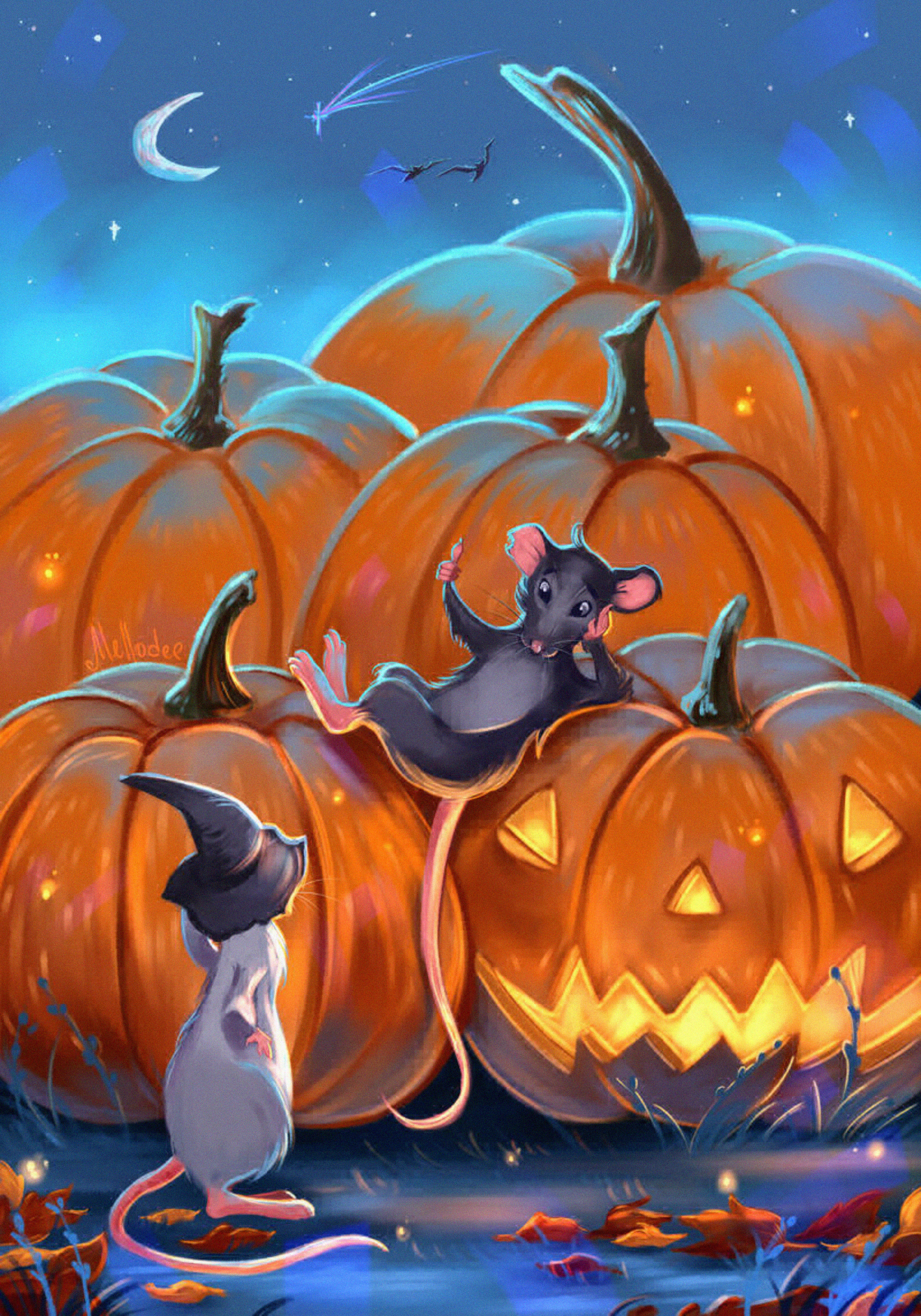 art, halloween, mice, night, pumpkin