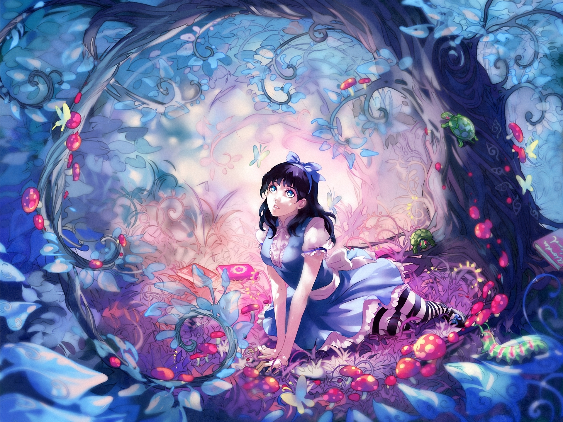 anime, alice in wonderland, blue eyes, book, dress, fantasy, mushroom, tree