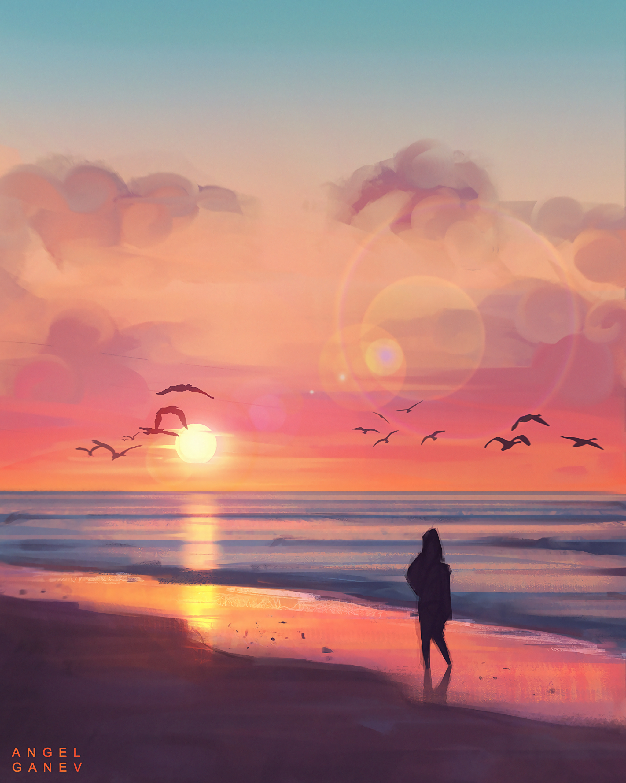 Laden Sie das Vögel, Sunset, Kunst, Sea, Strand, Silhouette-Bild kostenlos auf Ihren PC-Desktop herunter