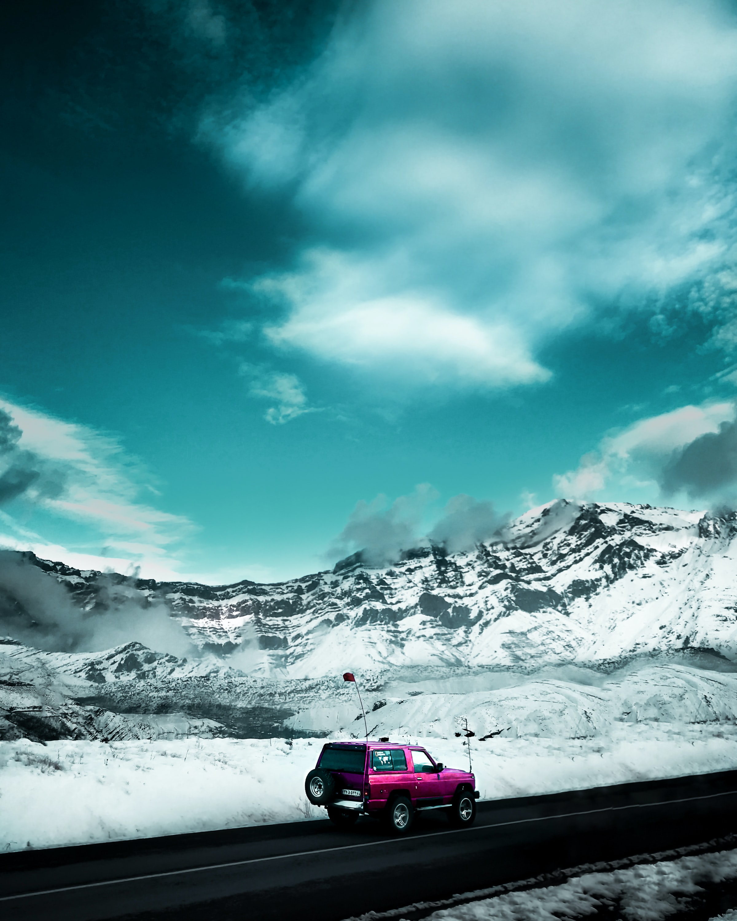 jeep, mountains, snow, cars, road, suv, side view
