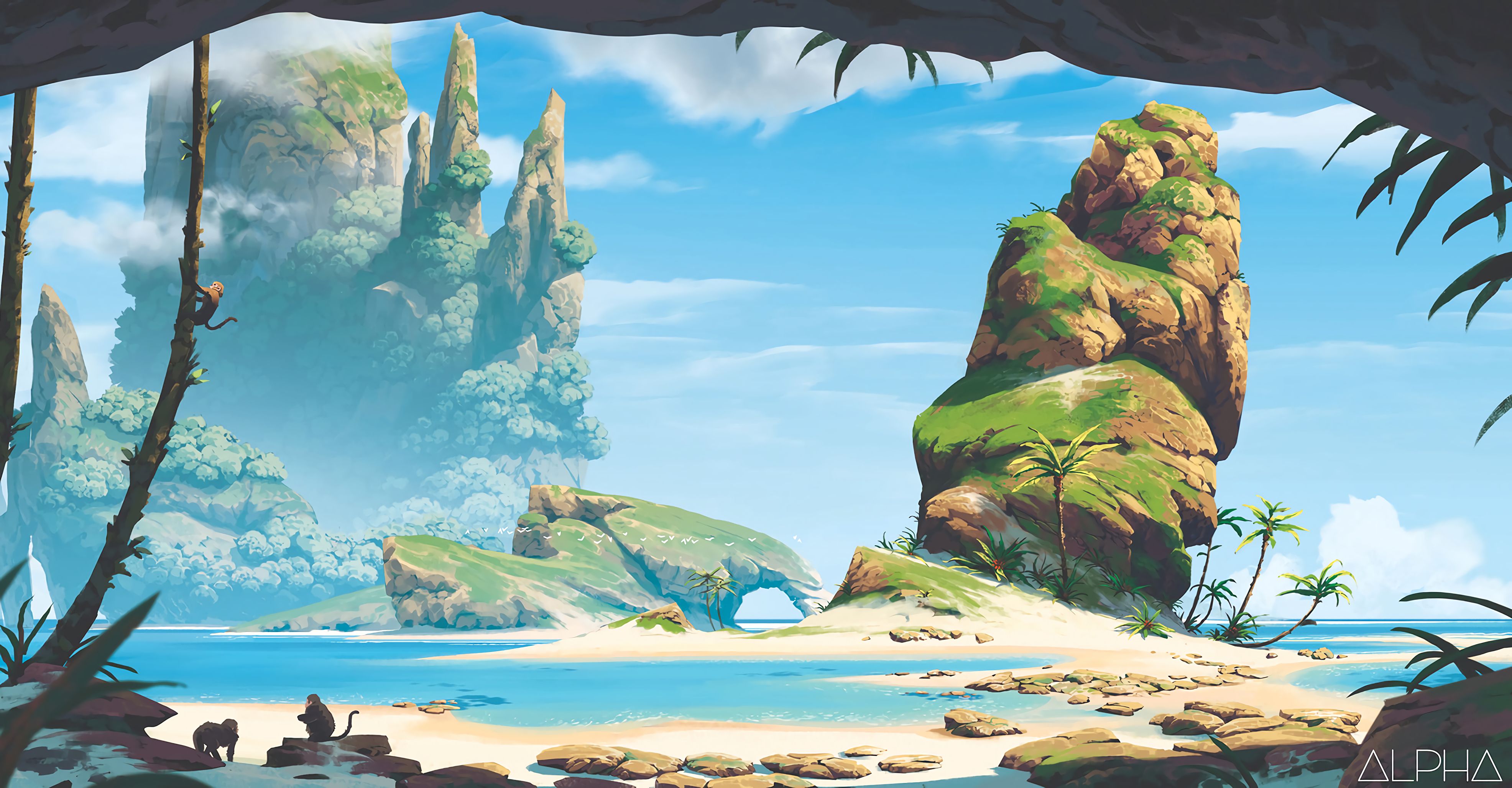 Desktop Backgrounds Monkeys beach, sea, art, mountains