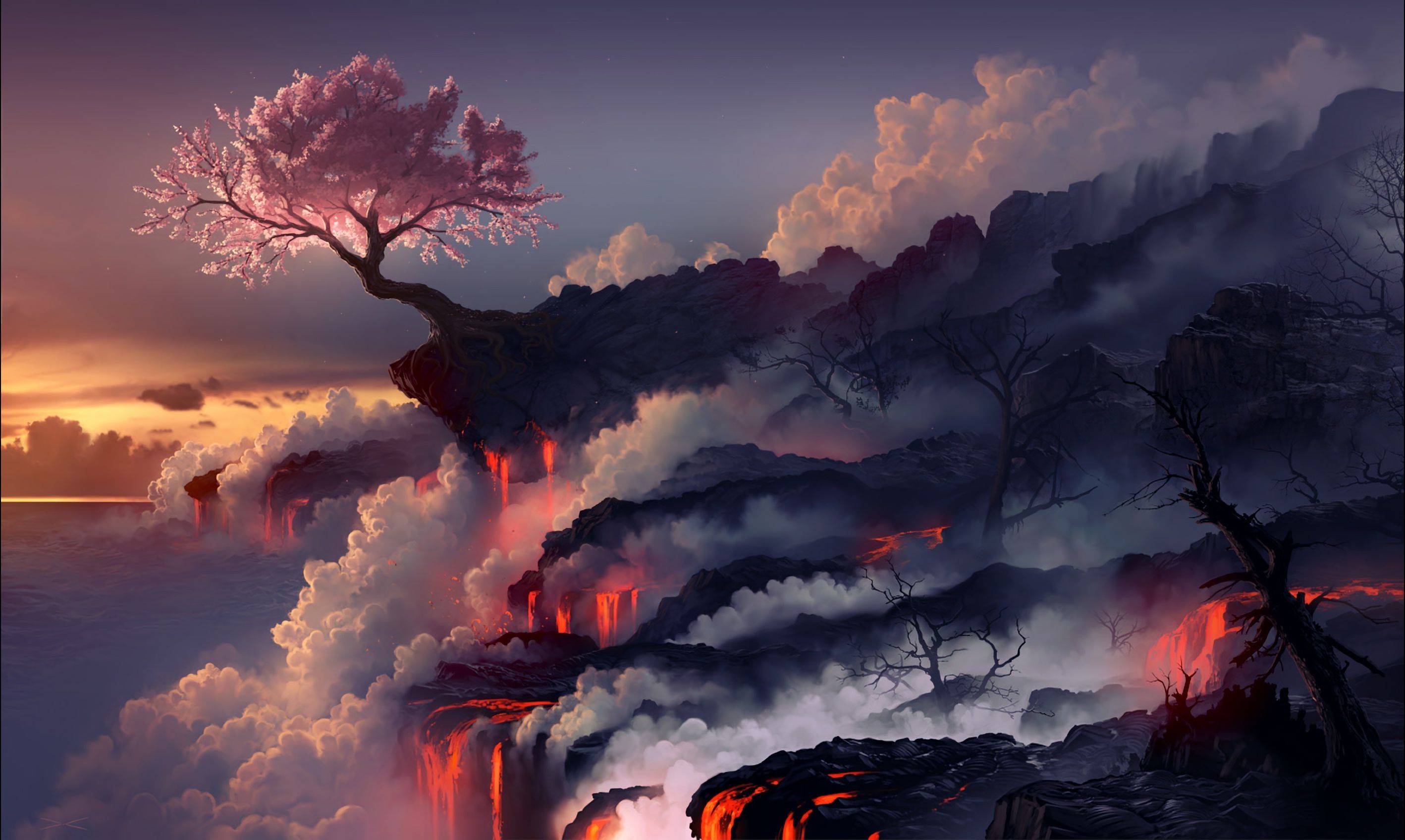 sakura blossom, magic: the gathering, landscape, sakura, lava, game Smartphone Background