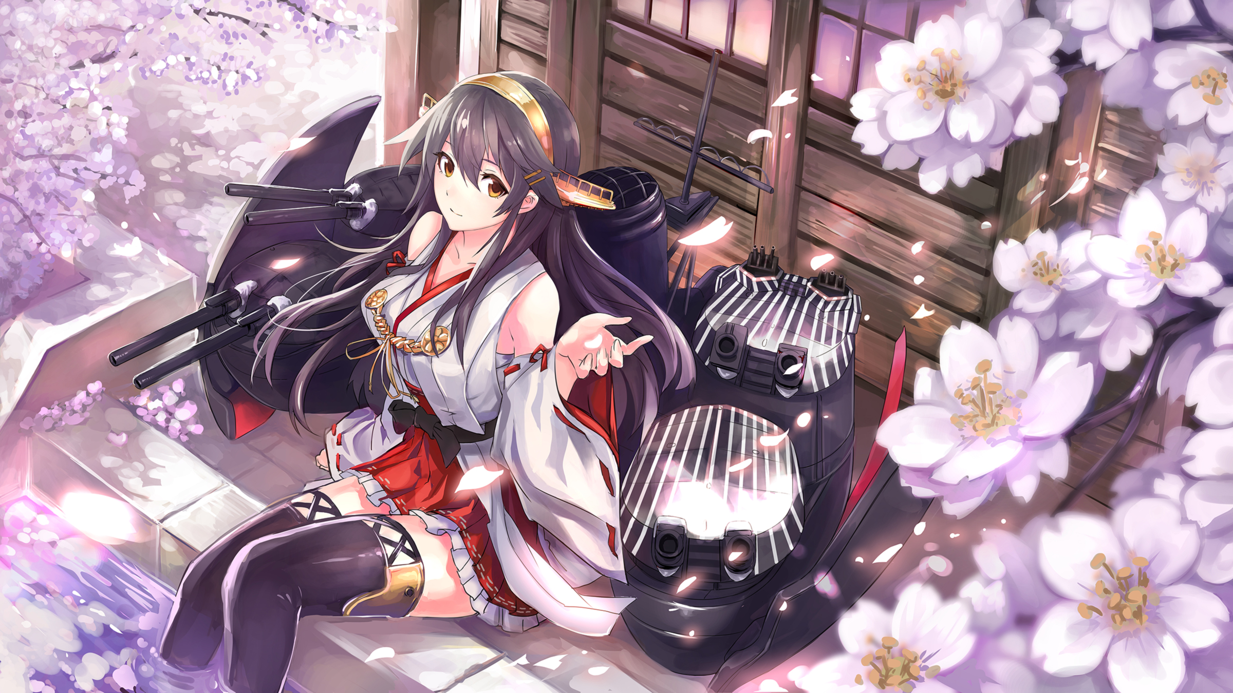 HD wallpaper blossom, anime, kantai collection, belt, haruna (kancolle), kimono, long hair, purple hair, skirt, thigh highs, traditional costume, yellow eyes