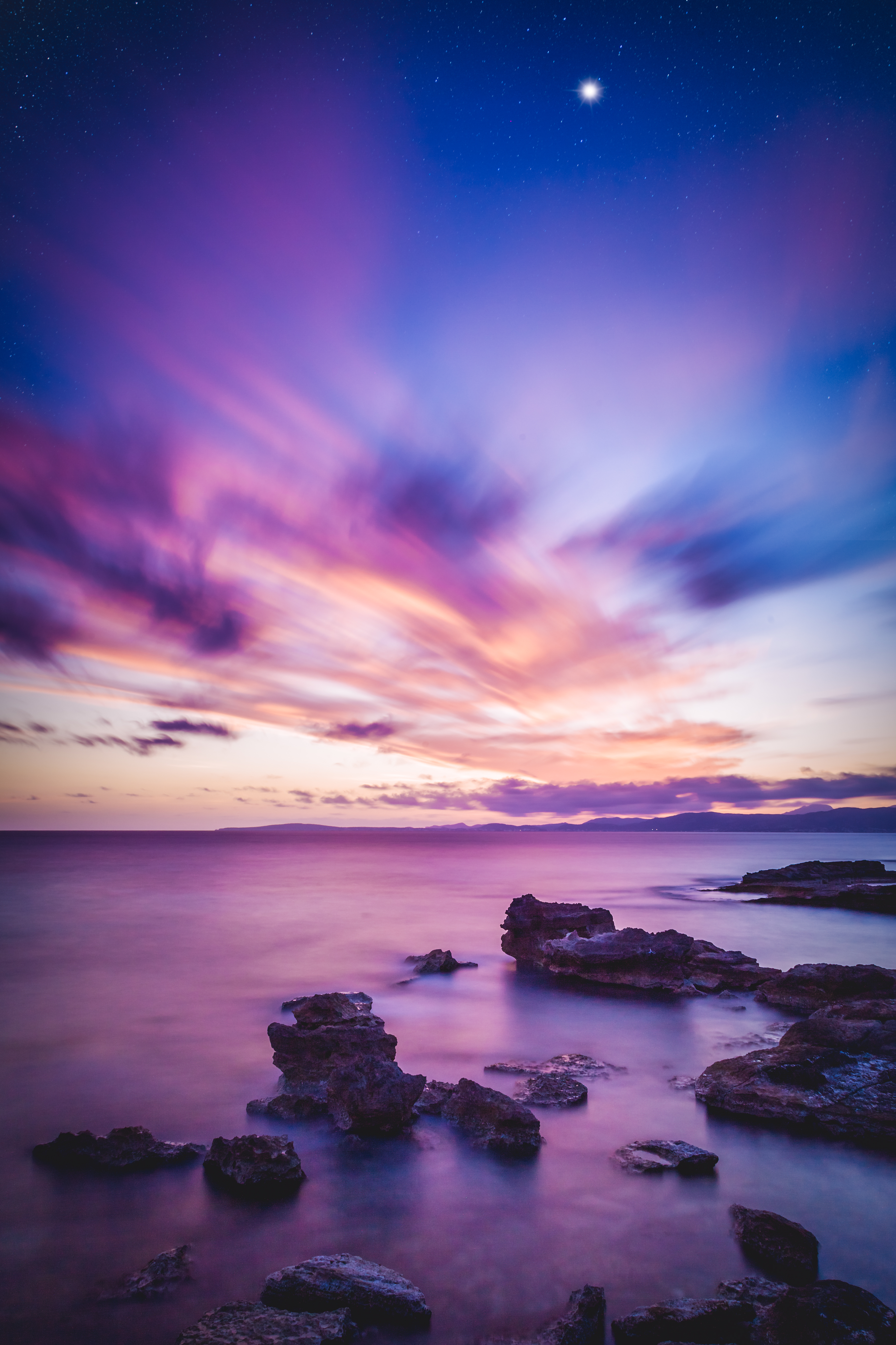Handy-Wallpaper Natur, Sunset, Sea, Übernachtung, Horizont, Spanien kostenlos herunterladen.