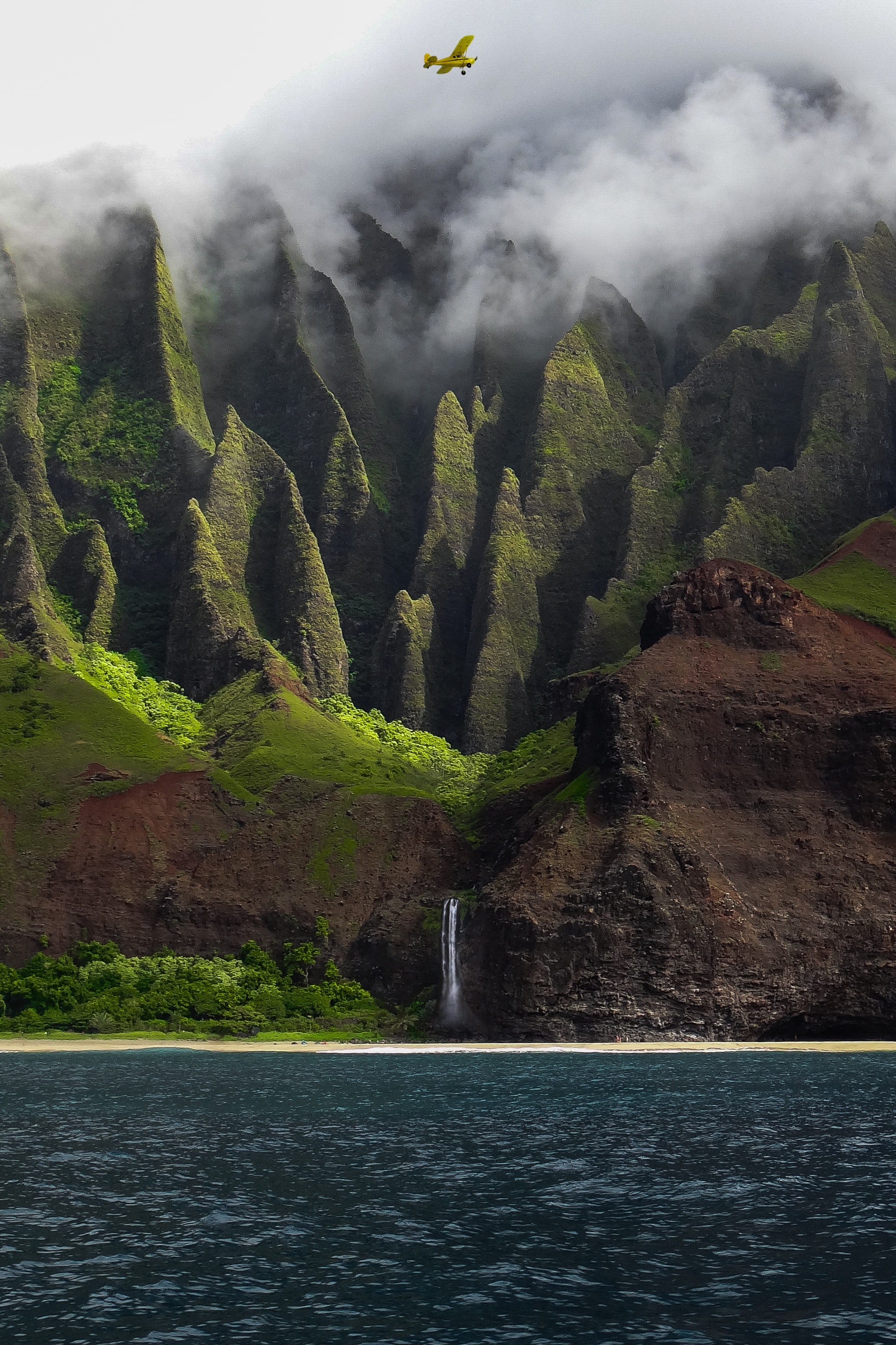 nature, sea, rocks, waterfall, fog, relief, plane, airplane lock screen backgrounds