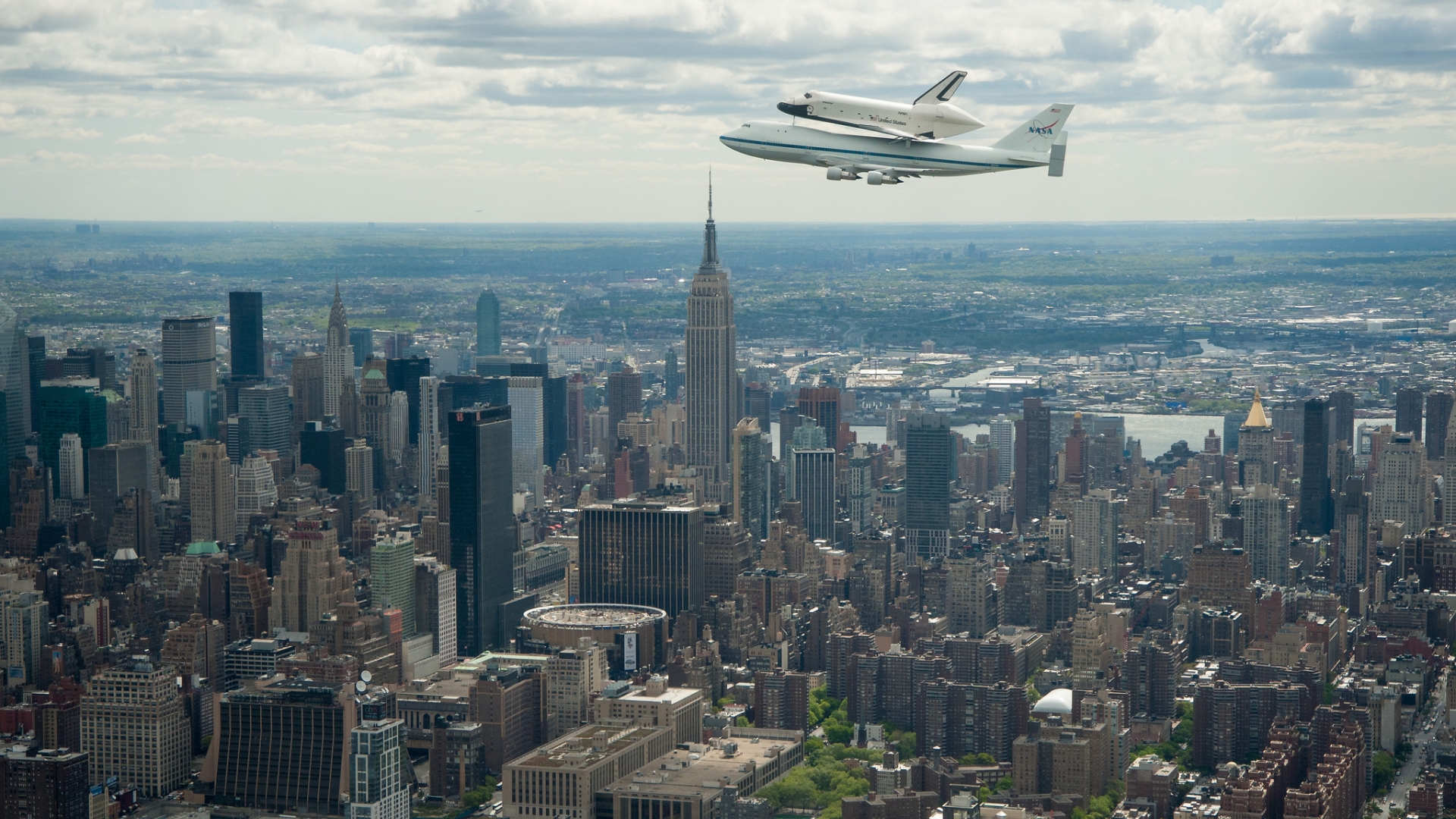 skyscraper, space shuttle, vehicles, new york Panoramic Wallpapers