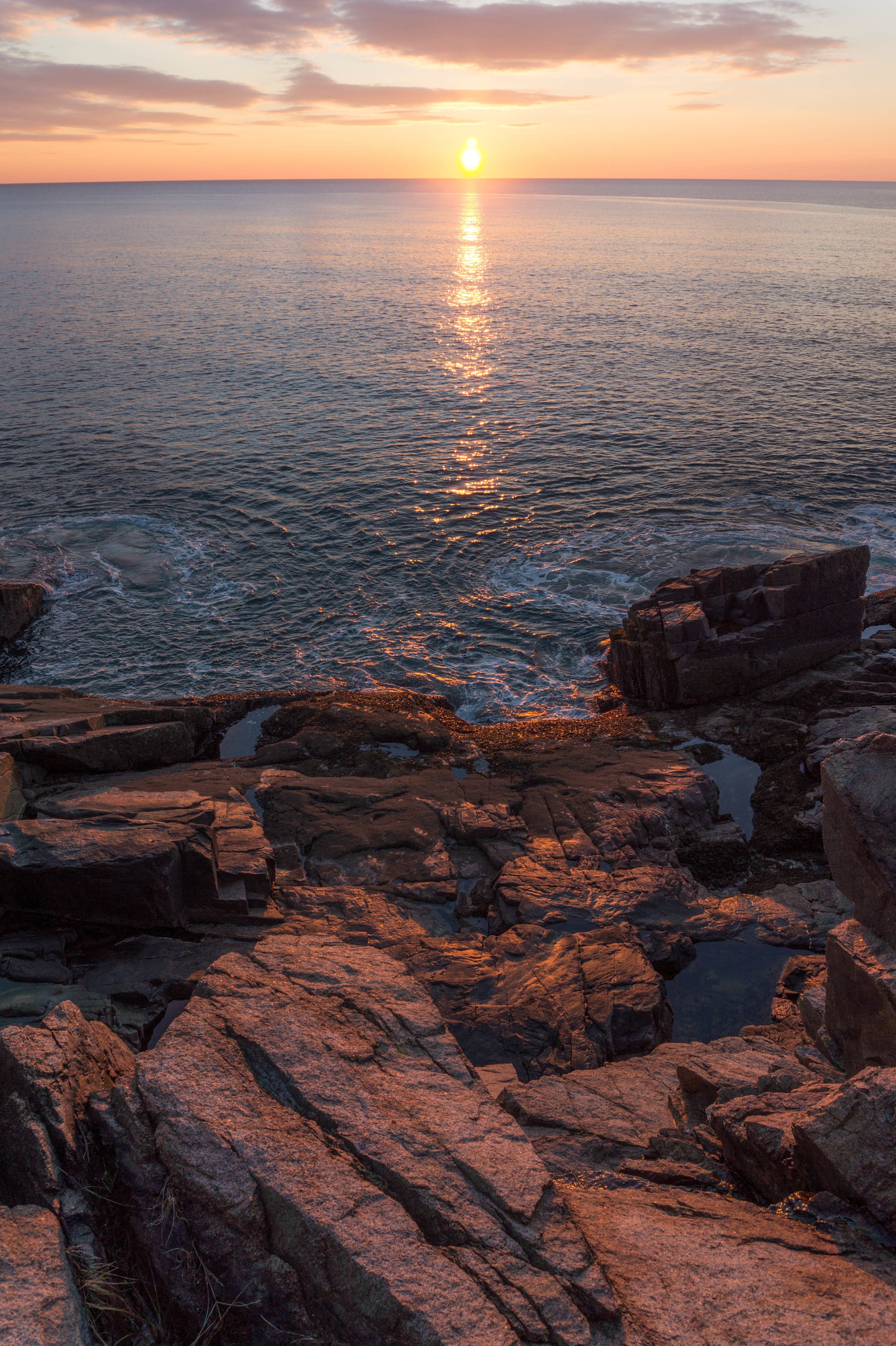 sea, nature, sunset, rocks, coast, glare phone wallpaper