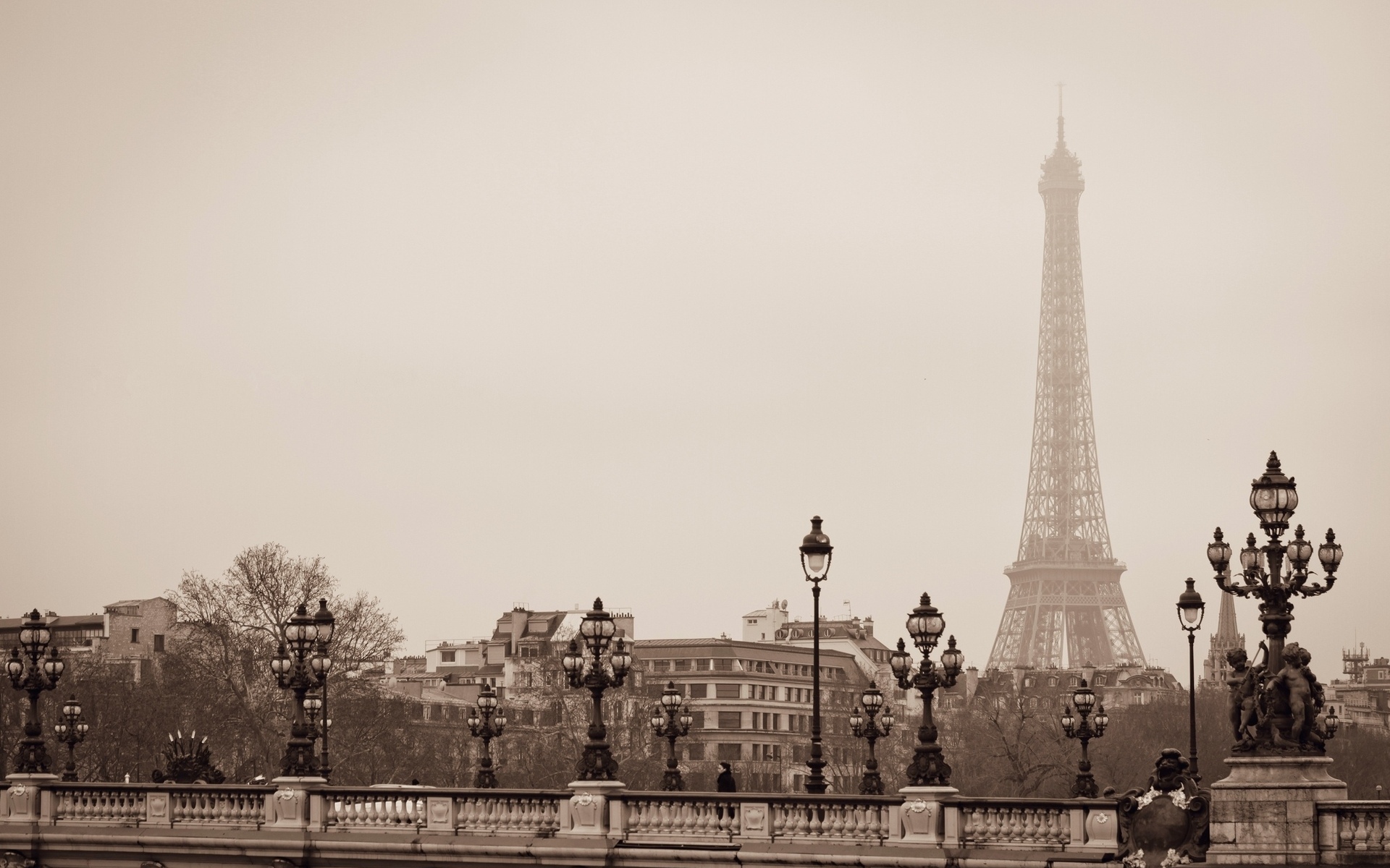 Eiffel Tower landscape, gray, cities 8k Backgrounds