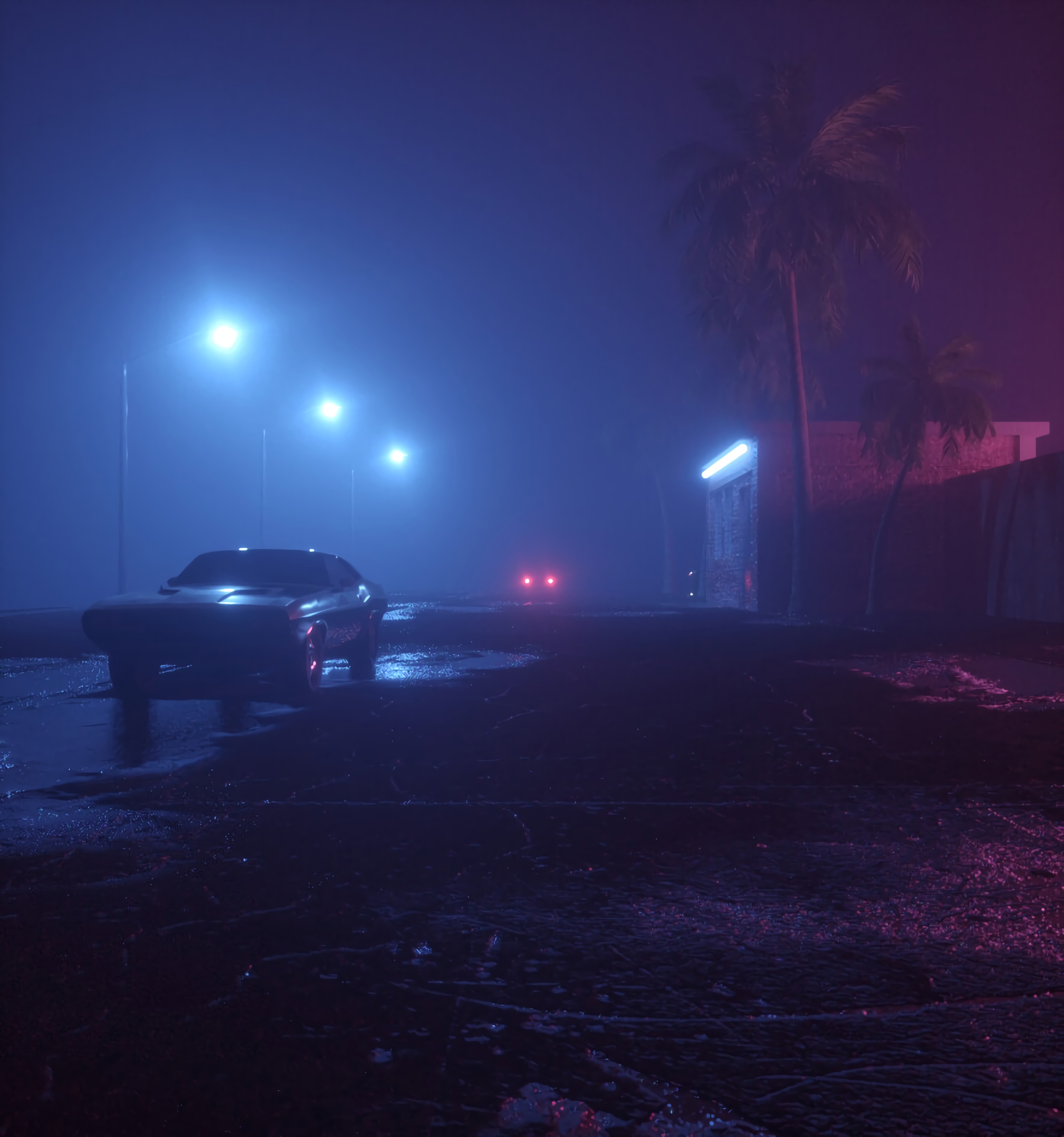 night, cars, lights, fog, car, lanterns, machine, neon, street