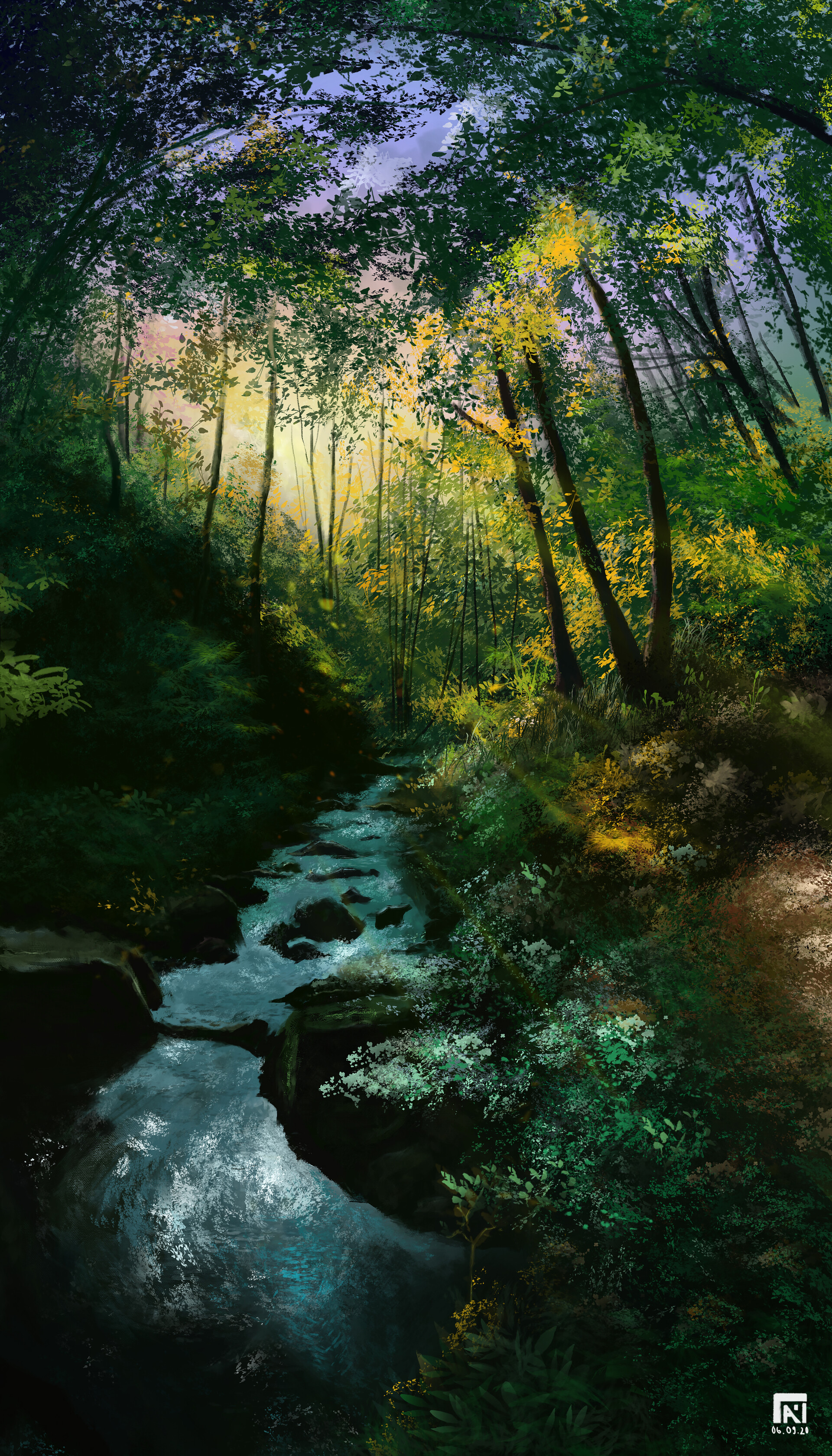 trees, rivers, art, forest, creek, brook HD wallpaper
