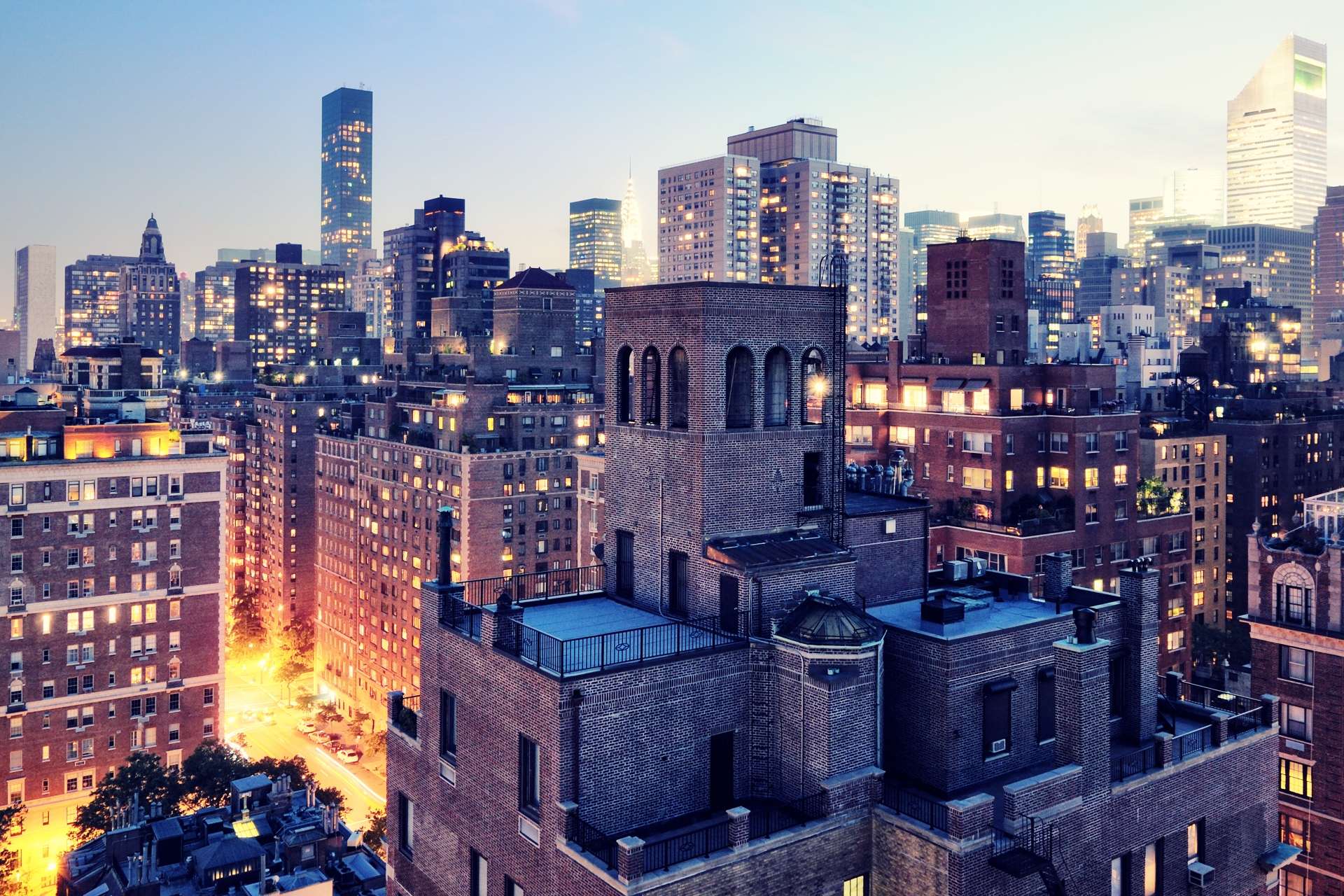 PC Wallpapers building, cities, new york, lights Twilight
