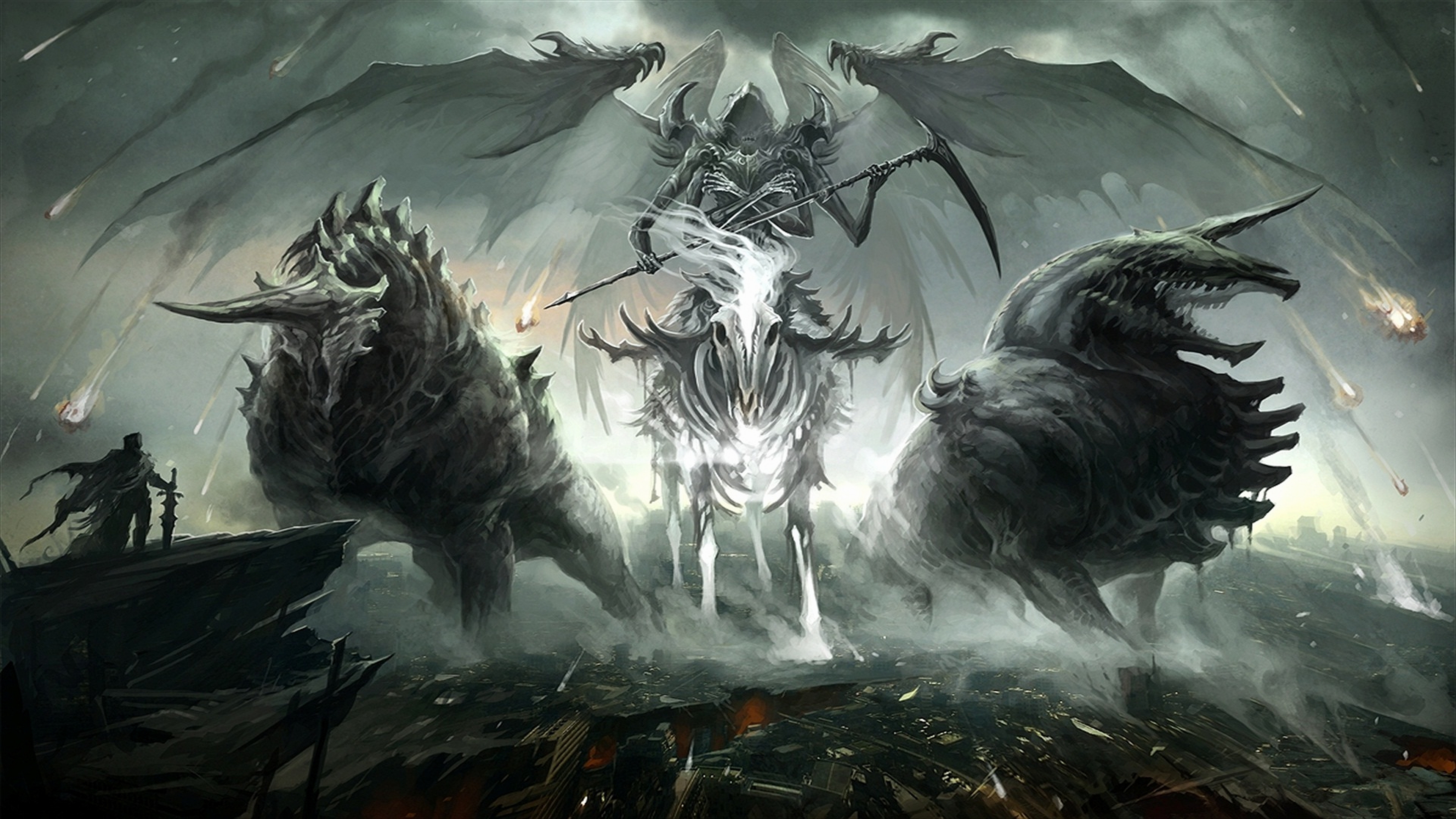 demon, dark, skeleton, grim reaper, scythe, wings Phone Background