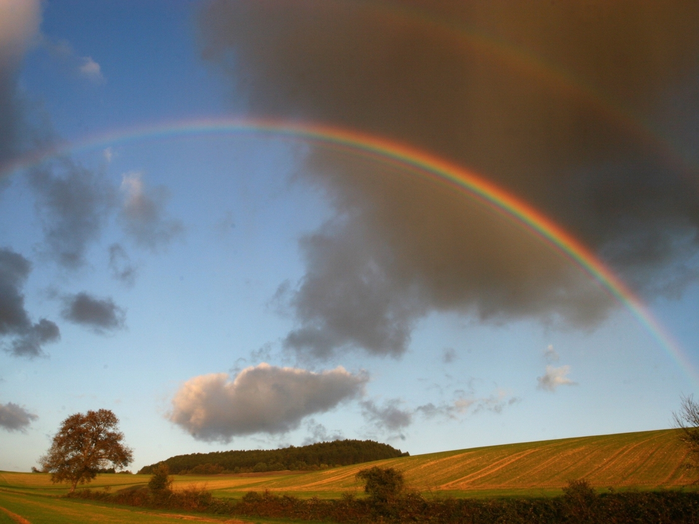 Laden Sie das Regenbogen, Landschaft, Felder, Clouds-Bild kostenlos auf Ihren PC-Desktop herunter